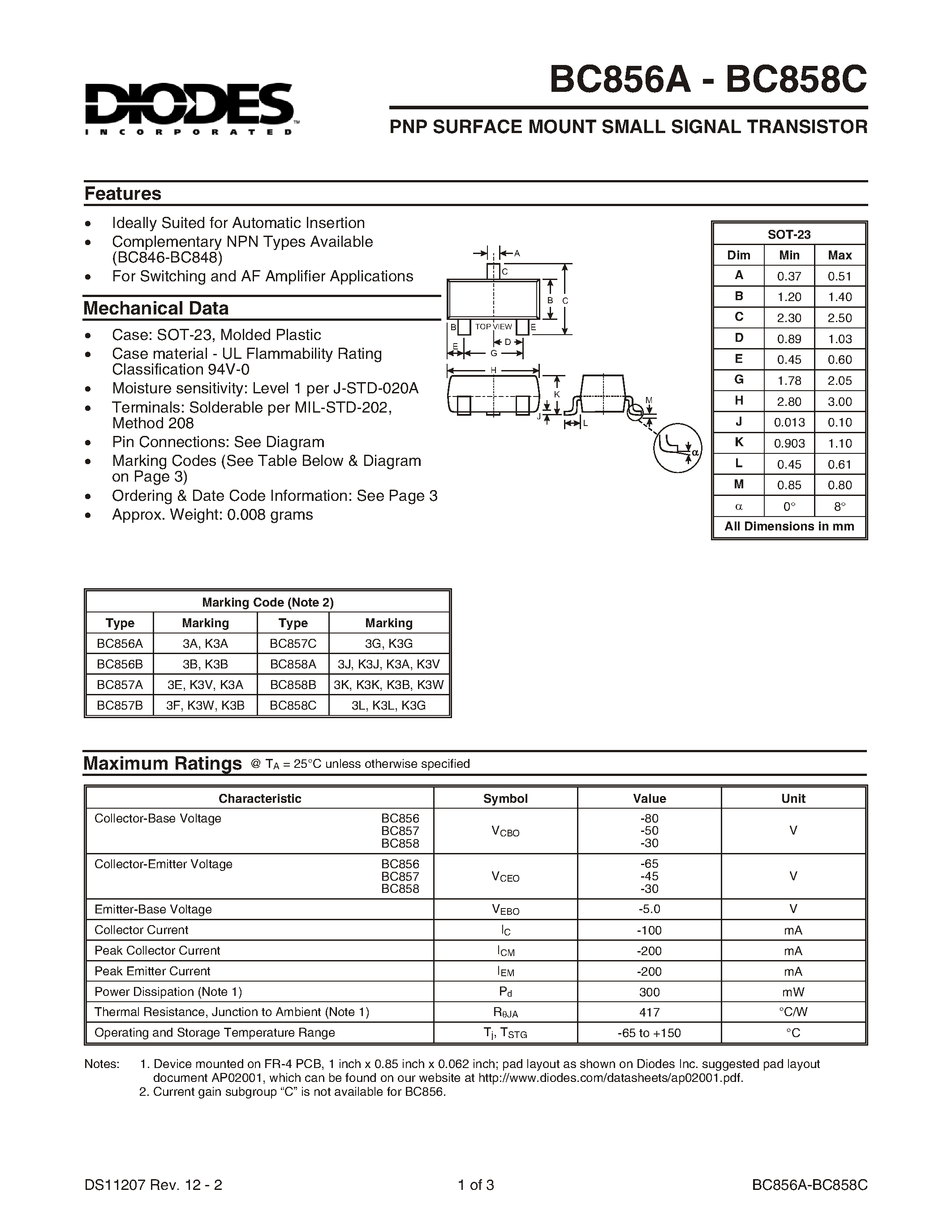 Datasheet BC857A-7 - PNP SURFACE MOUNT SMALL SIGNAL TRANSISTOR page 1