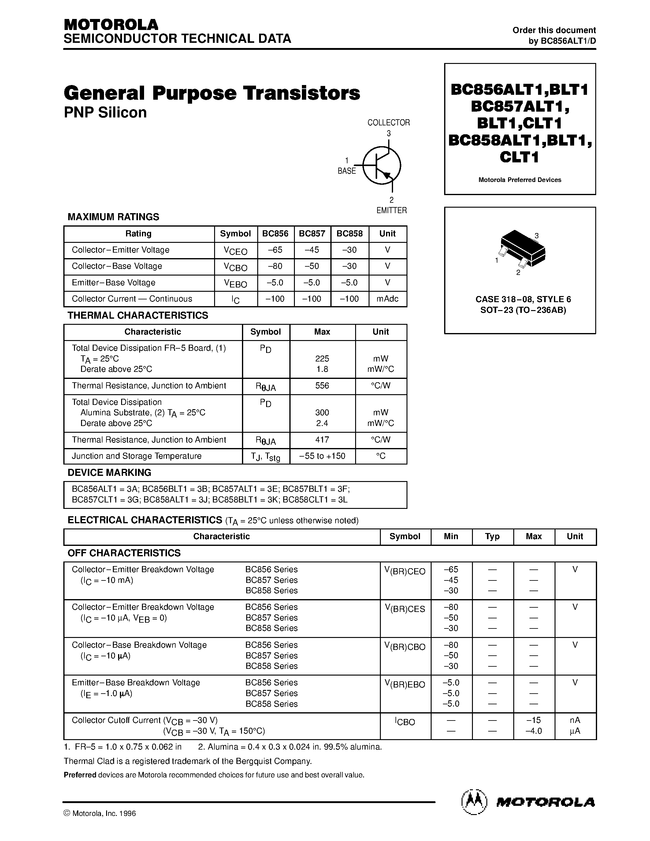 Datasheet BC857ALT1 - CASE 318-08/ STYLE 6 SOT-23 (TO-236AB) page 1