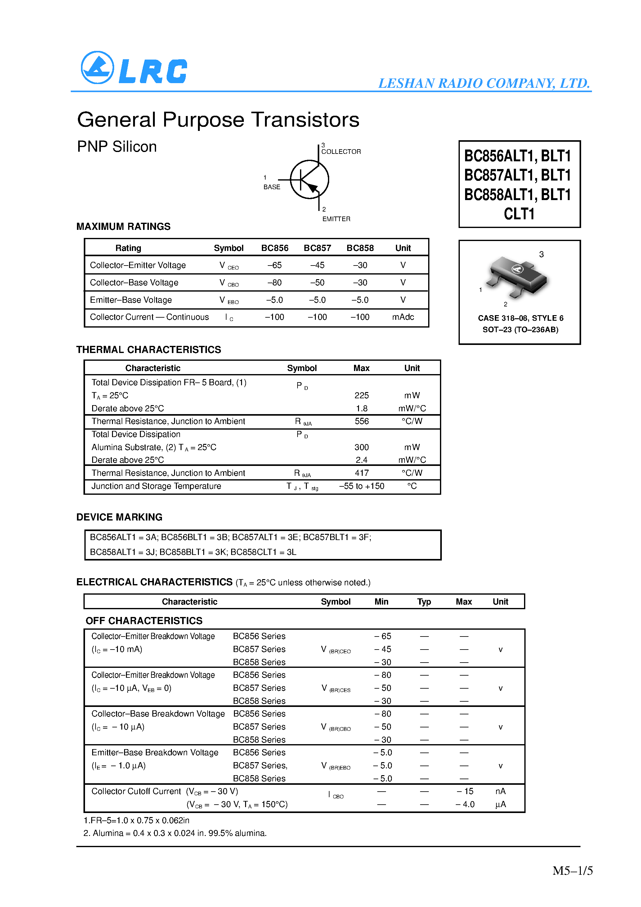 Даташит BC857ALT1 - General Purpose Transistors(PNP Silicon) страница 1