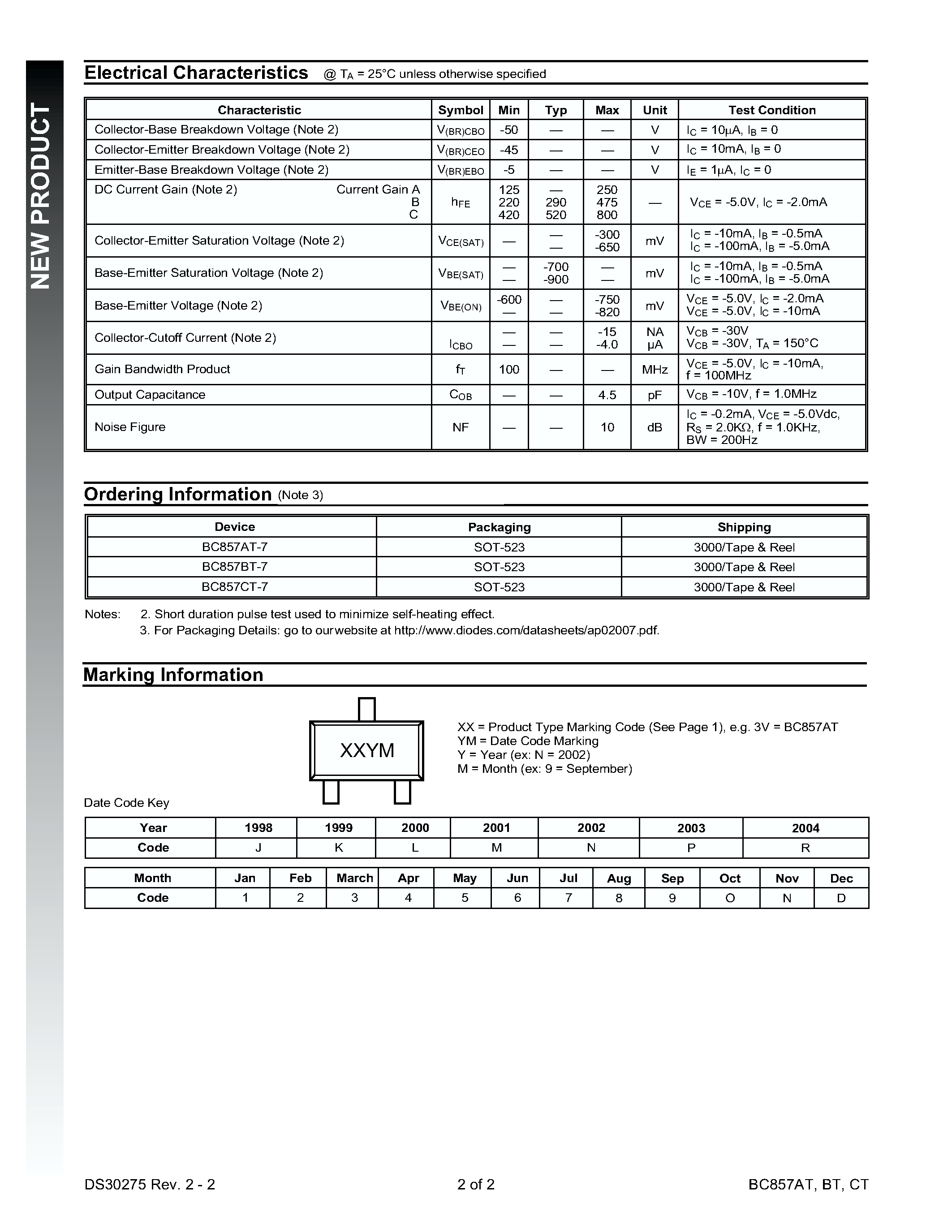 Datasheet BC857AT-7 - PNP SMALL SIGNAL SURFACE MOUNT TRANSISTOR page 2