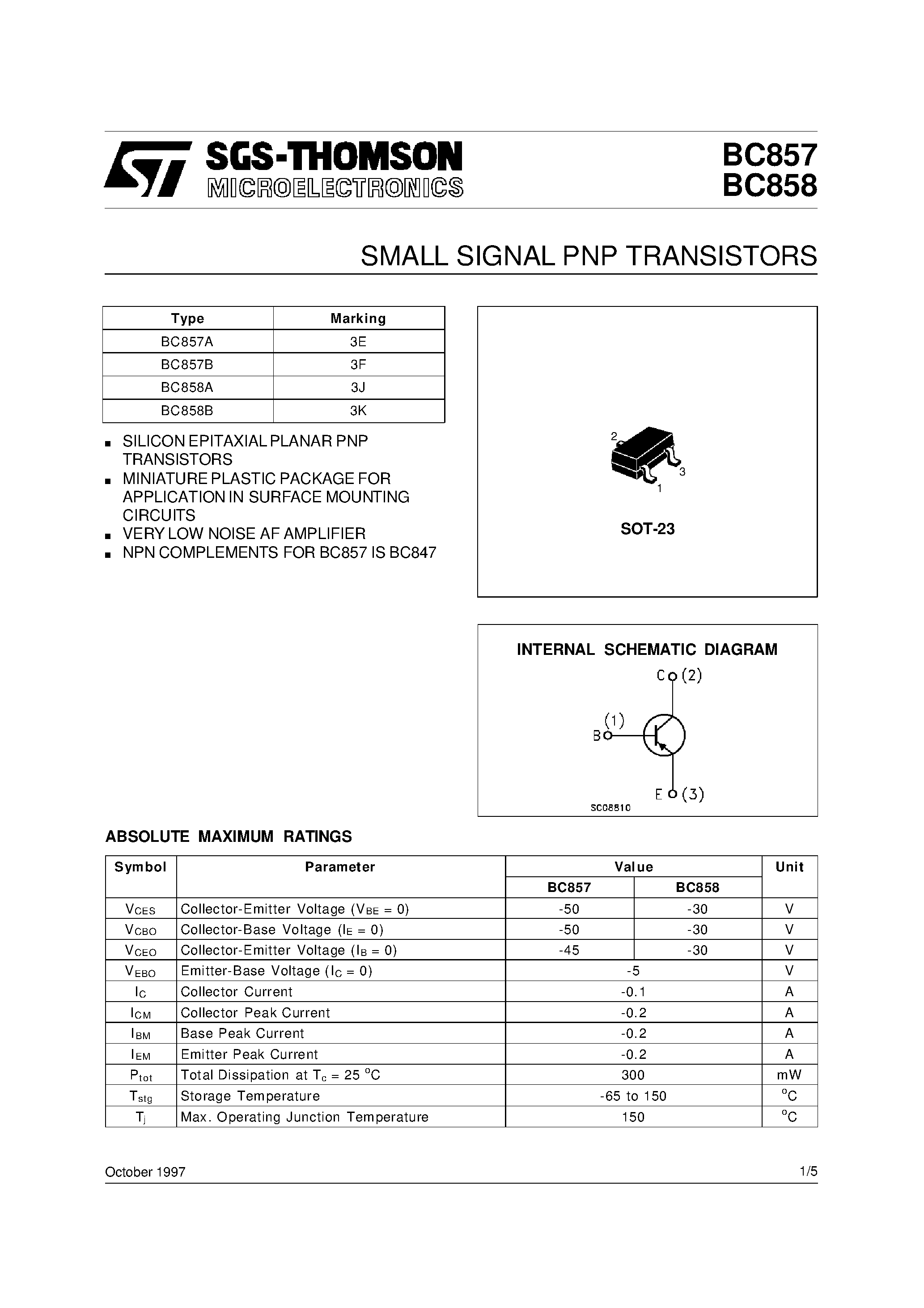 Даташит BC857B - SMALL SIGNAL PNP TRANSISTORS страница 1