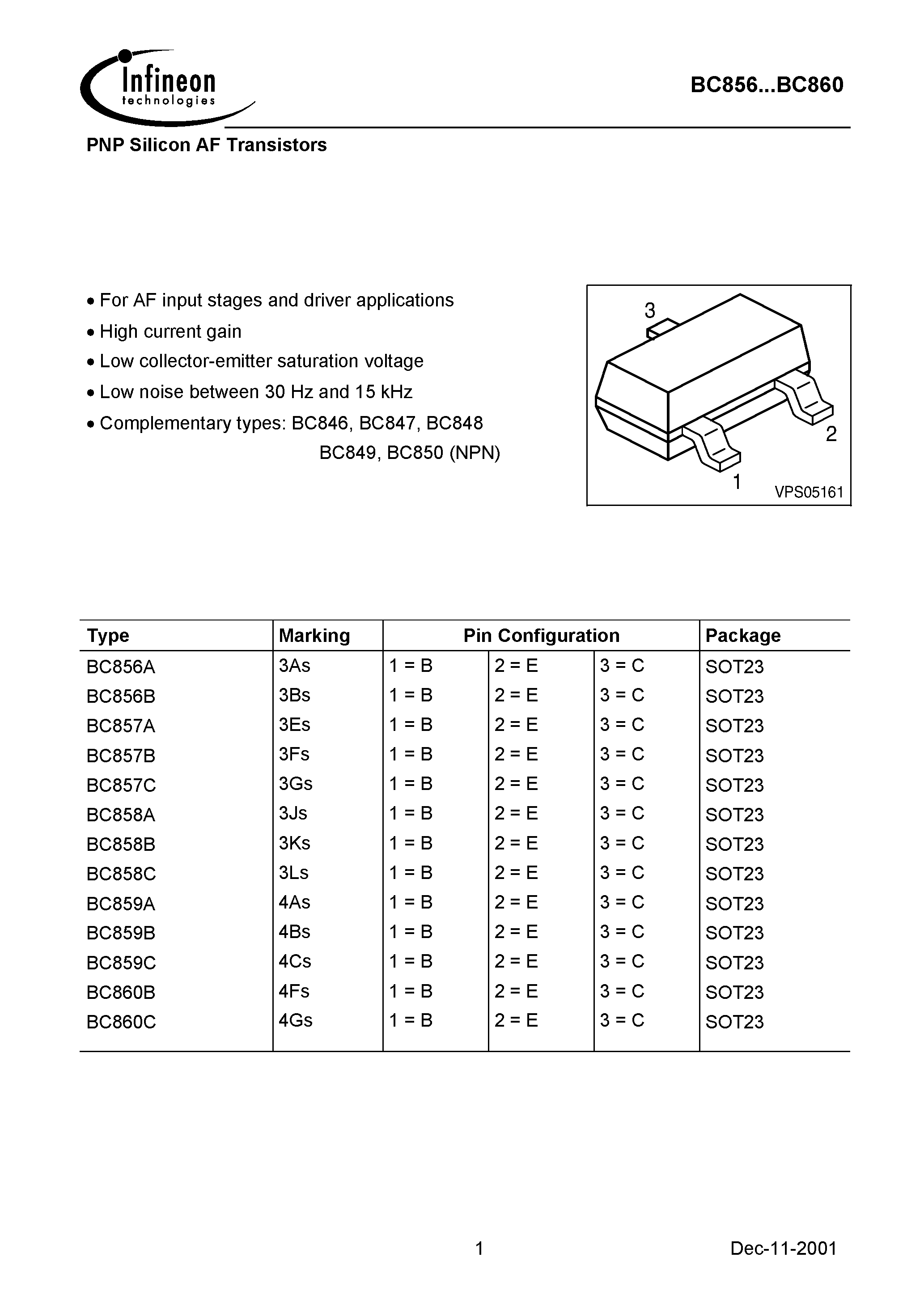 Даташит BC857B - PNP Silicon AF Transistors страница 1