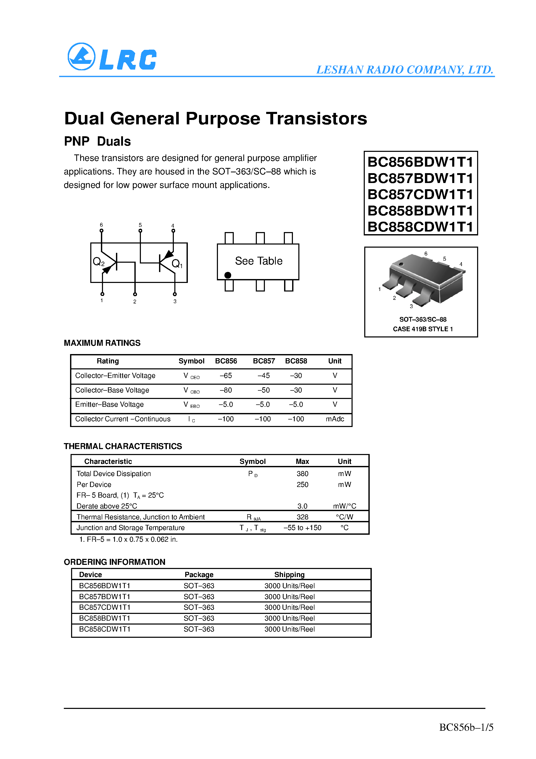 Даташит BC857BDW1T1 - Dual General Purpose Transistors(PNP Duals) страница 1