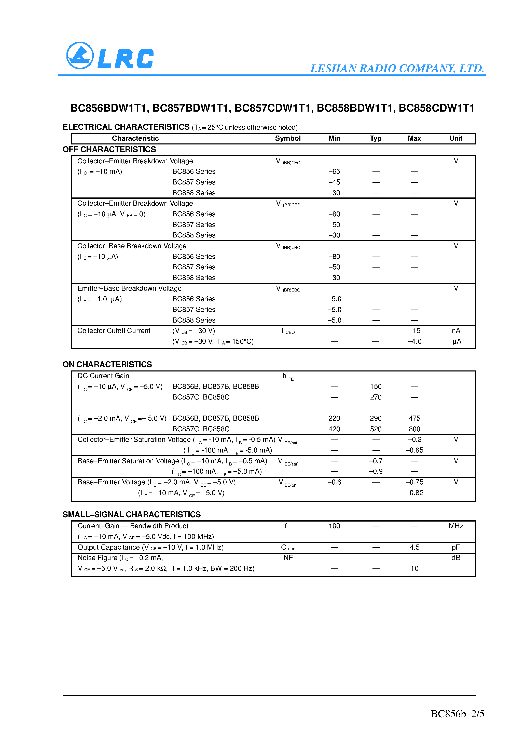 Даташит BC857BDW1T1 - Dual General Purpose Transistors(PNP Duals) страница 2