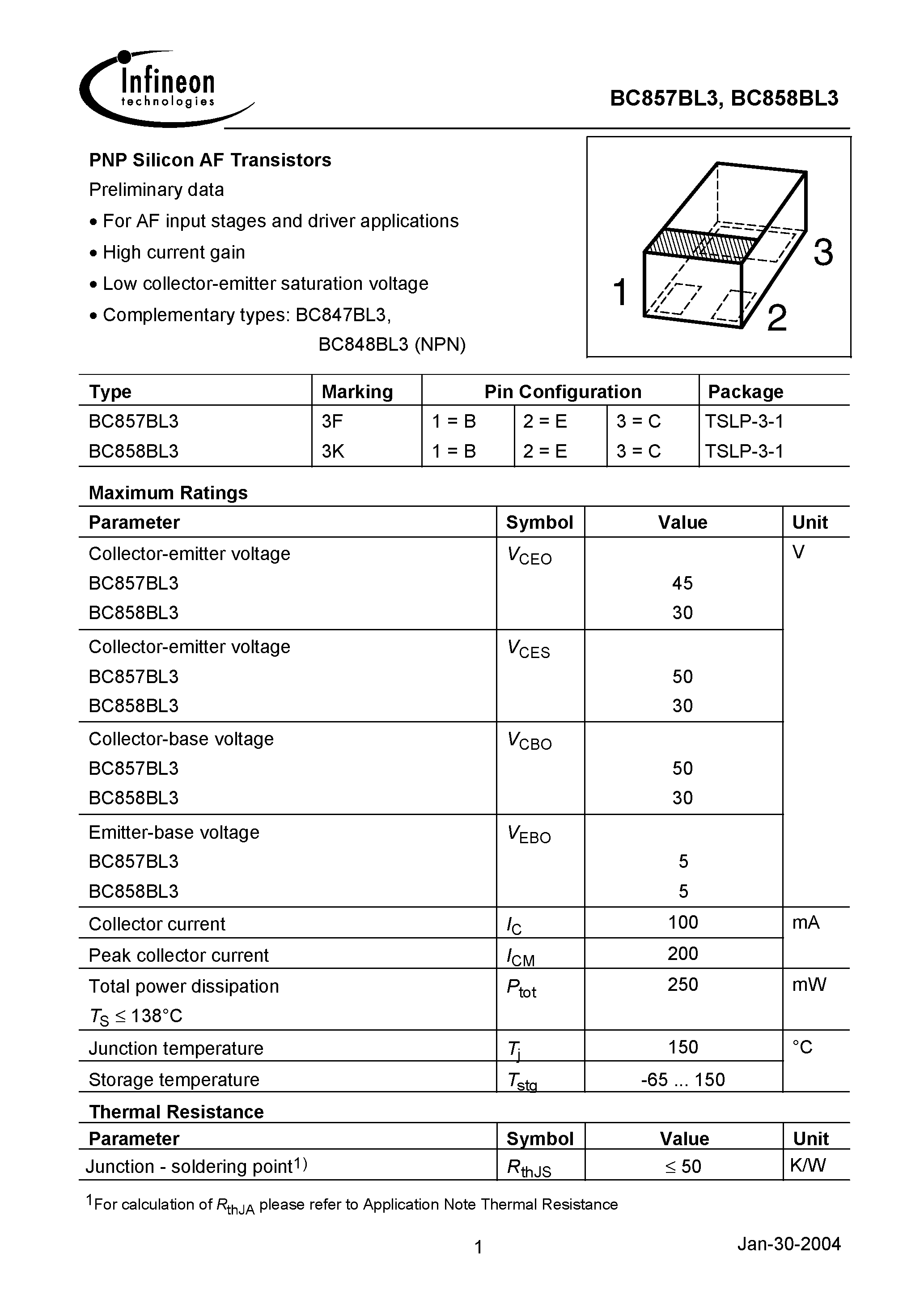 Даташит BC857BL3 - PNP Silicon AF Transistors страница 1