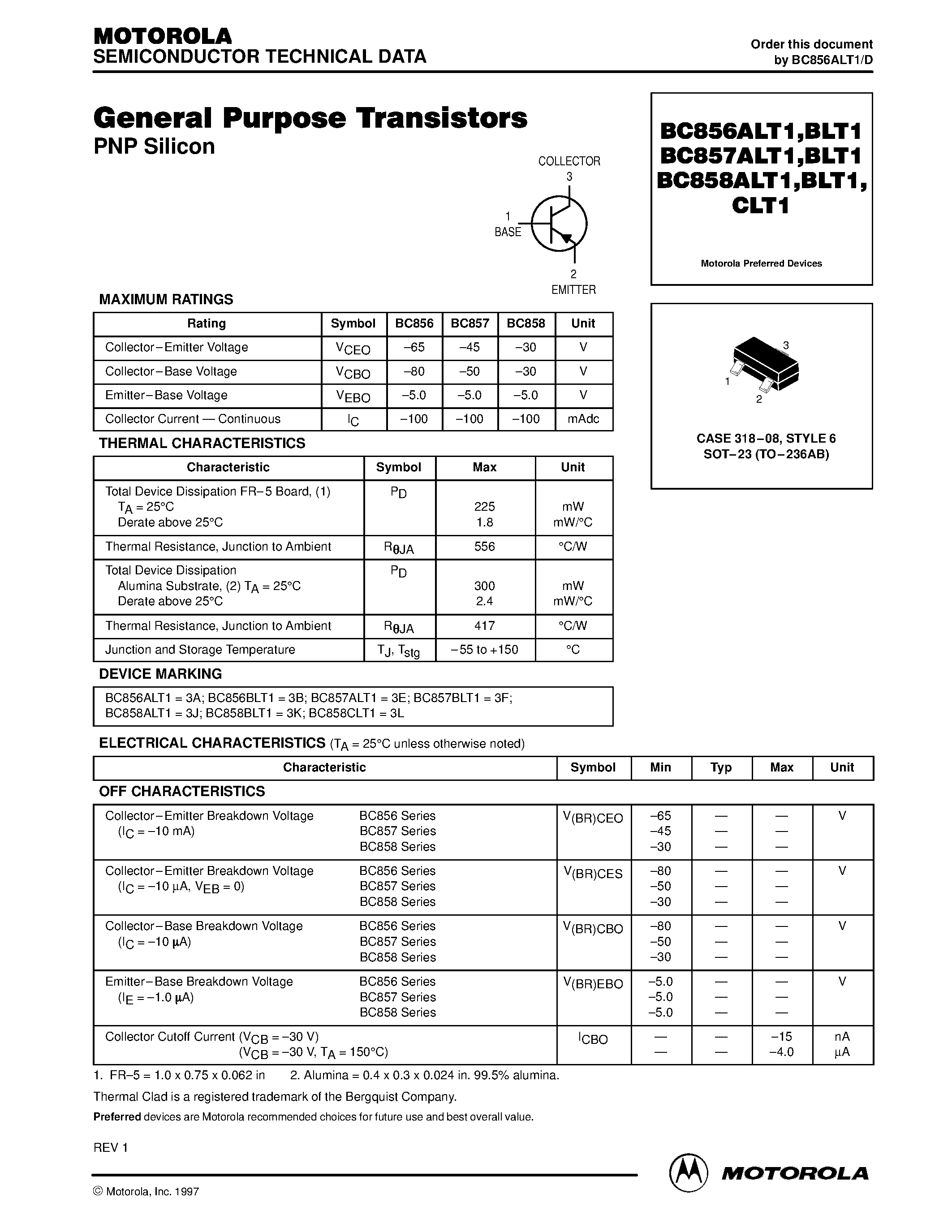 Даташит BC857BLT1 - General Purpose Transistors страница 1