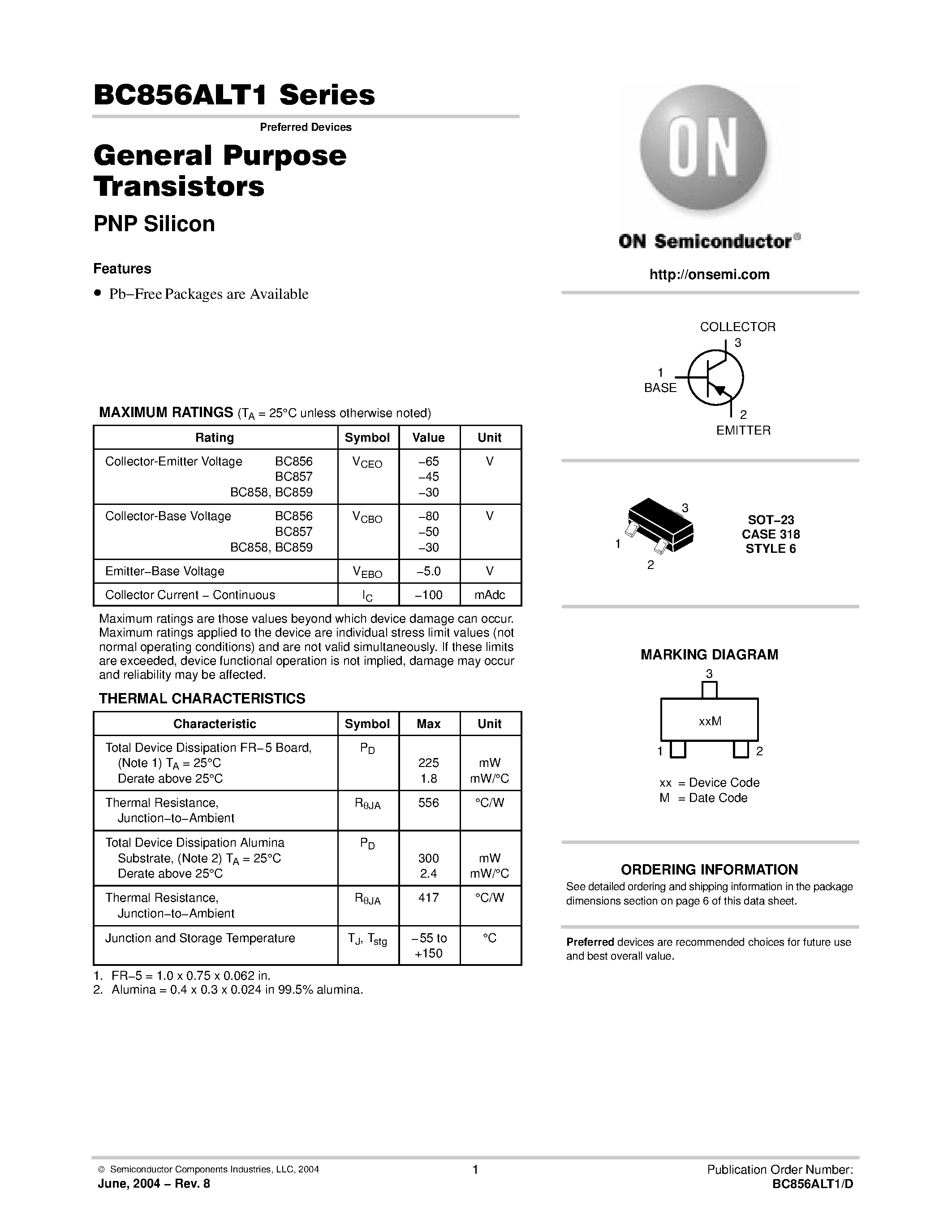 Даташит BC857BLT3 - General Purpose Transistors страница 1