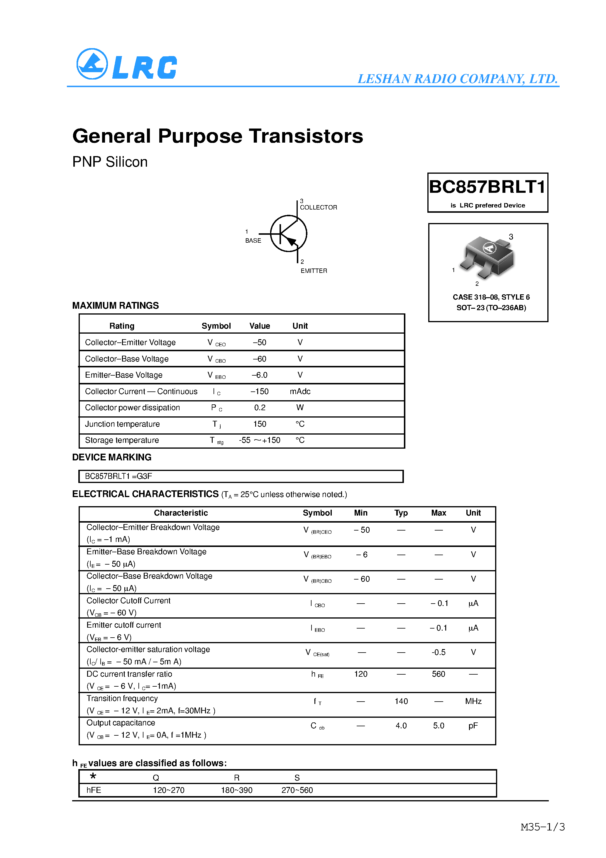 Даташит BC857BRLT1 - General Purpose Transistors(PNP Silicon) страница 1