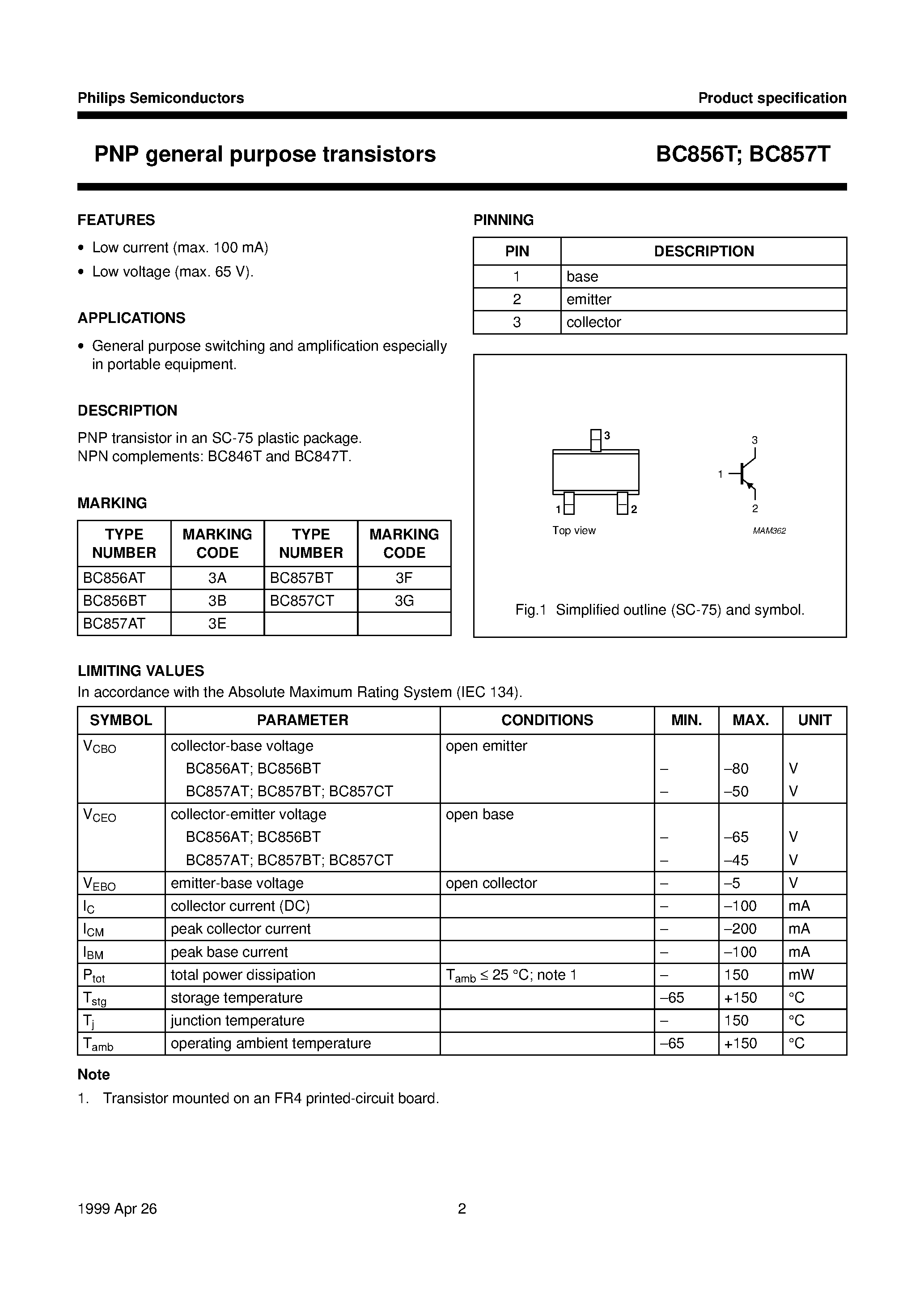 Даташит BC857BT - PNP general purpose transistors страница 2