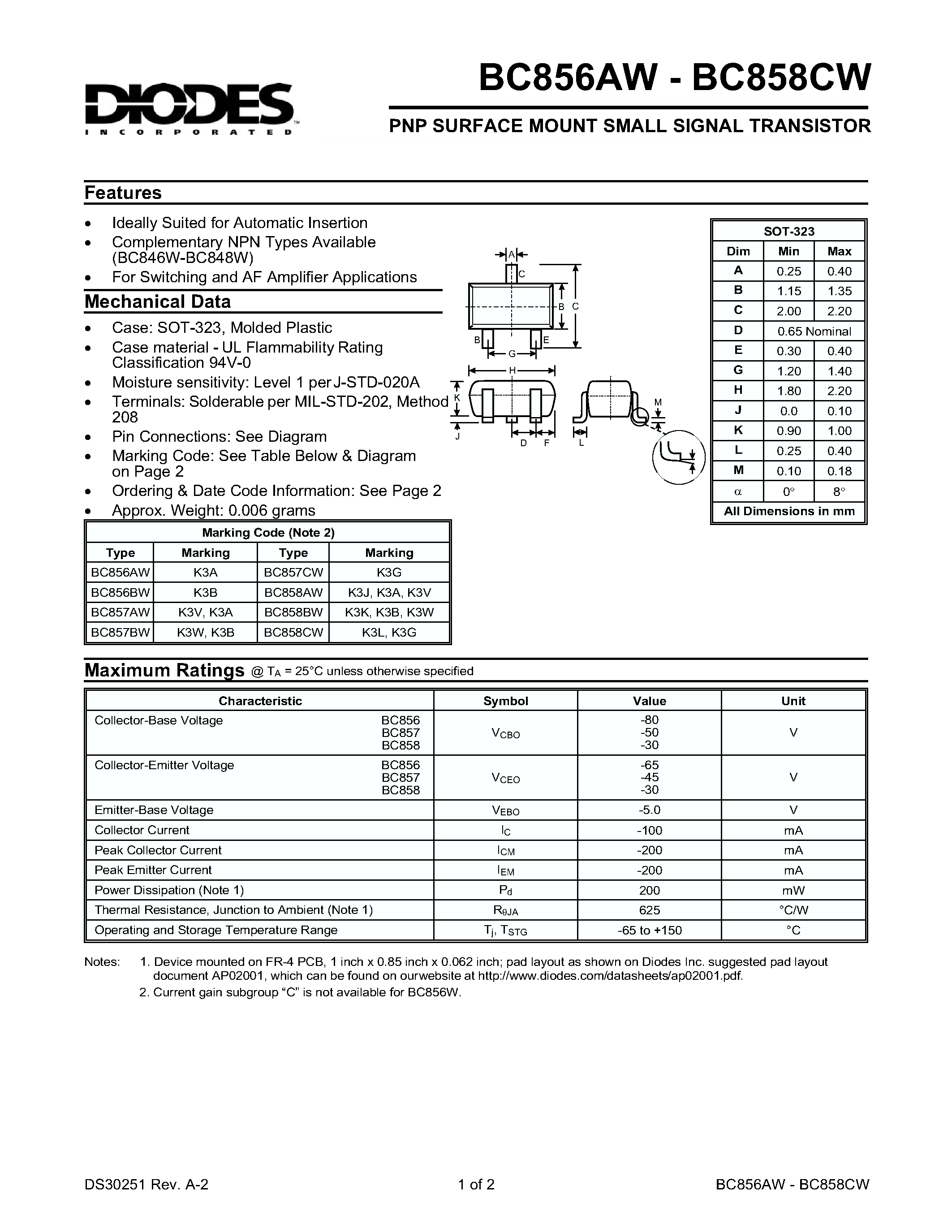 Datasheet BC857BW-7 - PNP SURFACE MOUNT SMALL SIGNAL TRANSISTOR page 1
