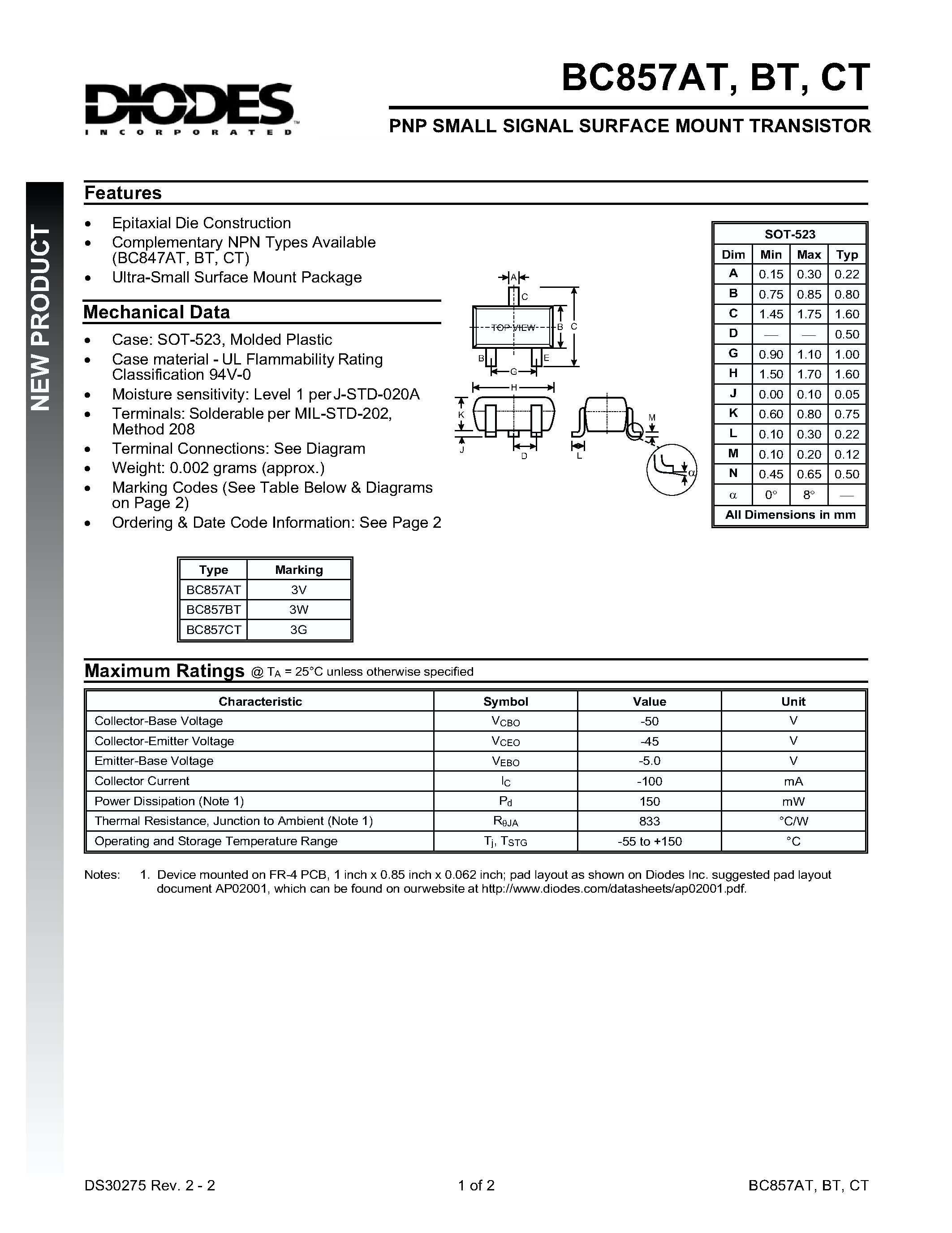 Datasheet BC857CT-7 - PNP SMALL SIGNAL SURFACE MOUNT TRANSISTOR page 1