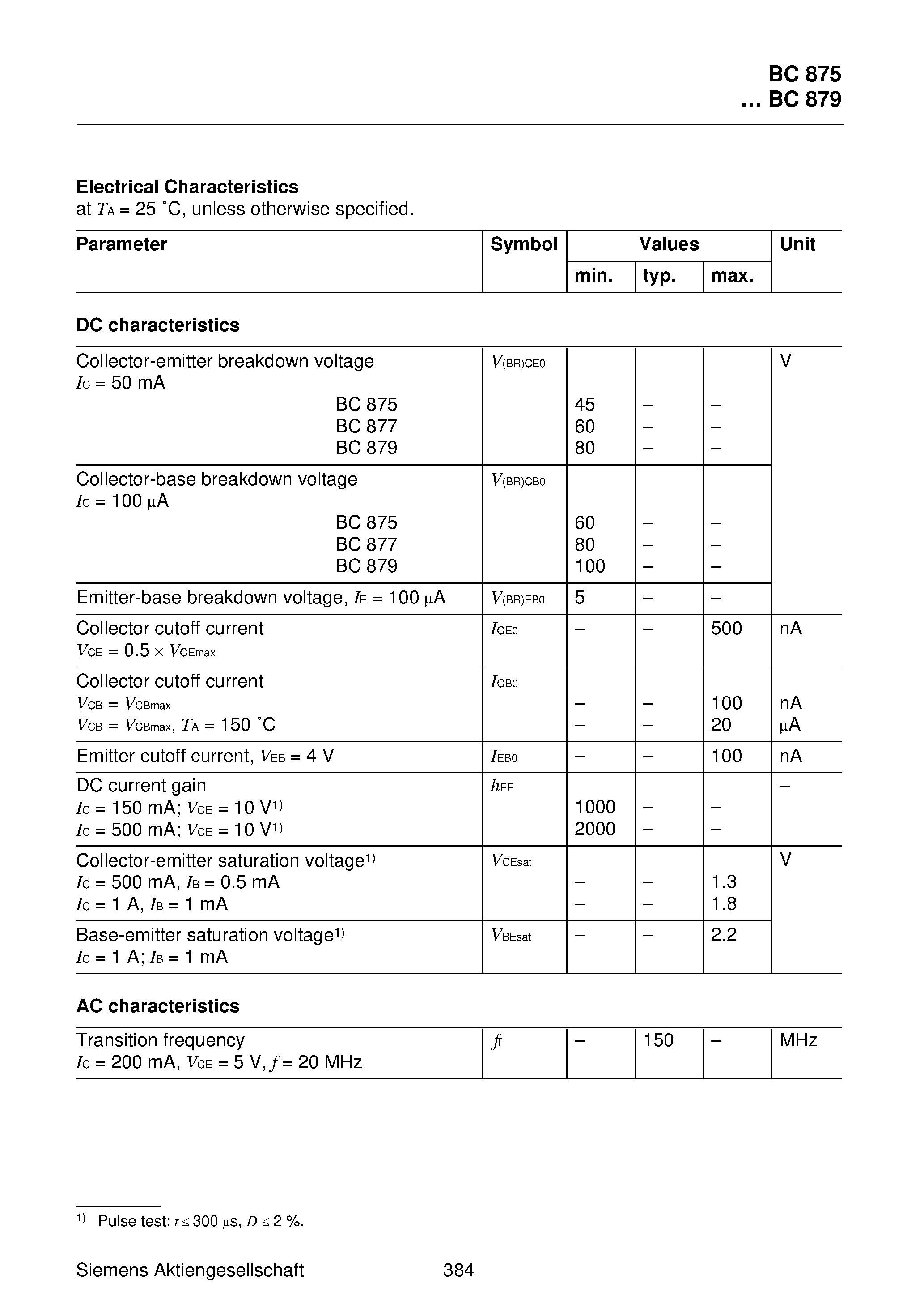 Даташит BC877 - NPN Silicon Darlington Transistors (High current gain Low collector-emitter saturation voltage страница 2