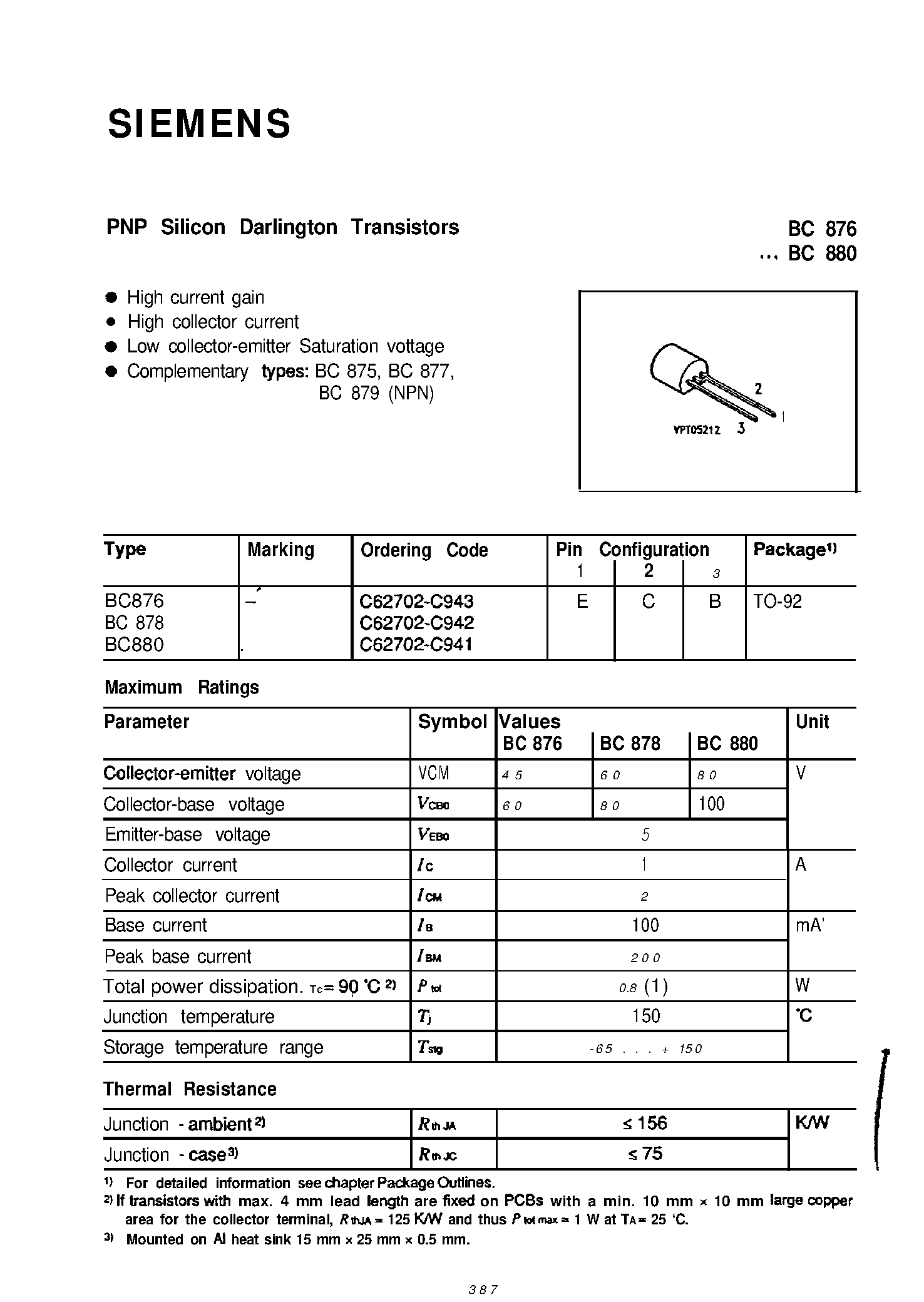 Даташит BC878 - PNP Silicon Darlington Transistors (High current gain High collector current) страница 1