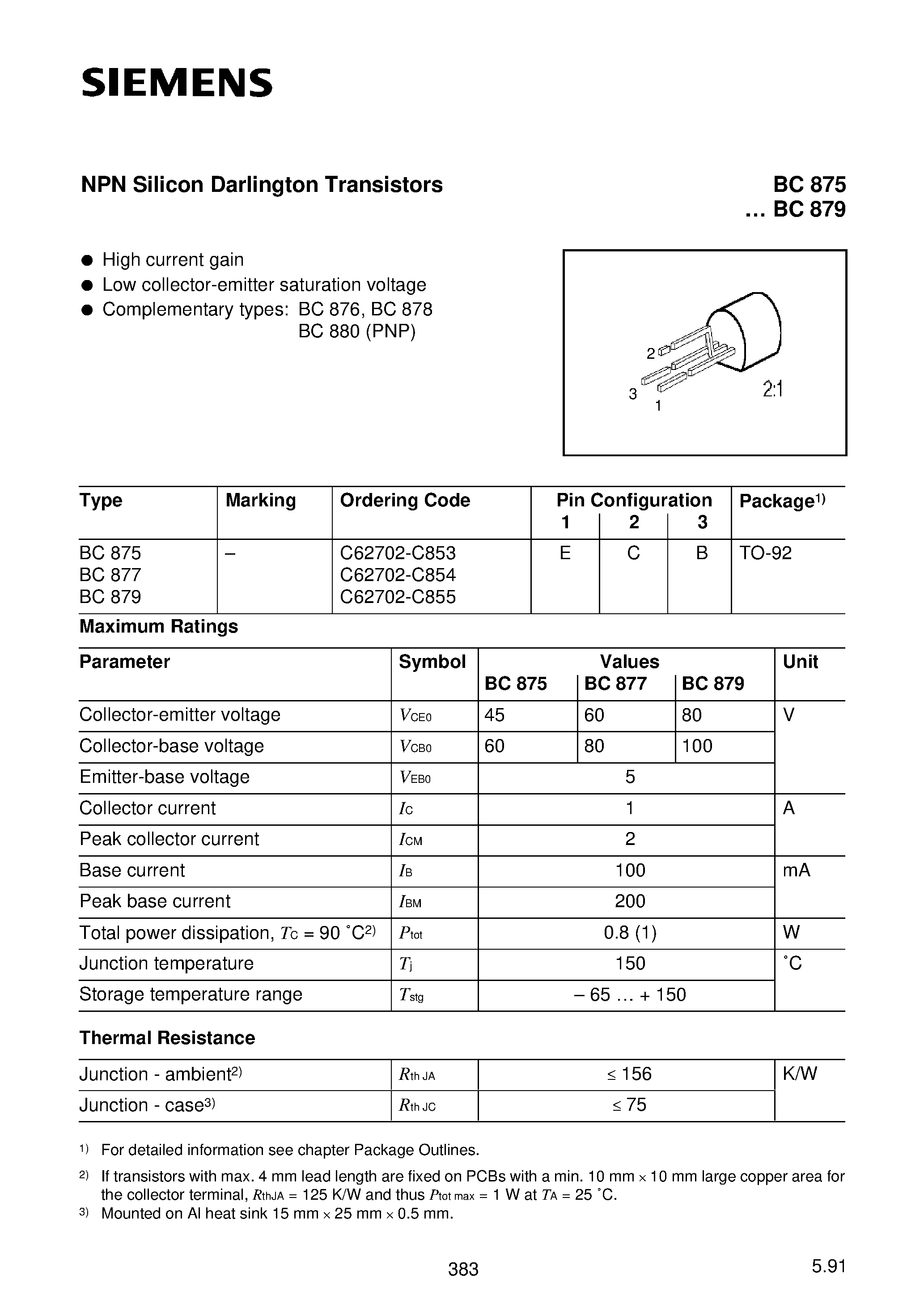 Даташит BC879 - NPN Silicon Darlington Transistors (High current gain Low collector-emitter saturation voltage страница 1
