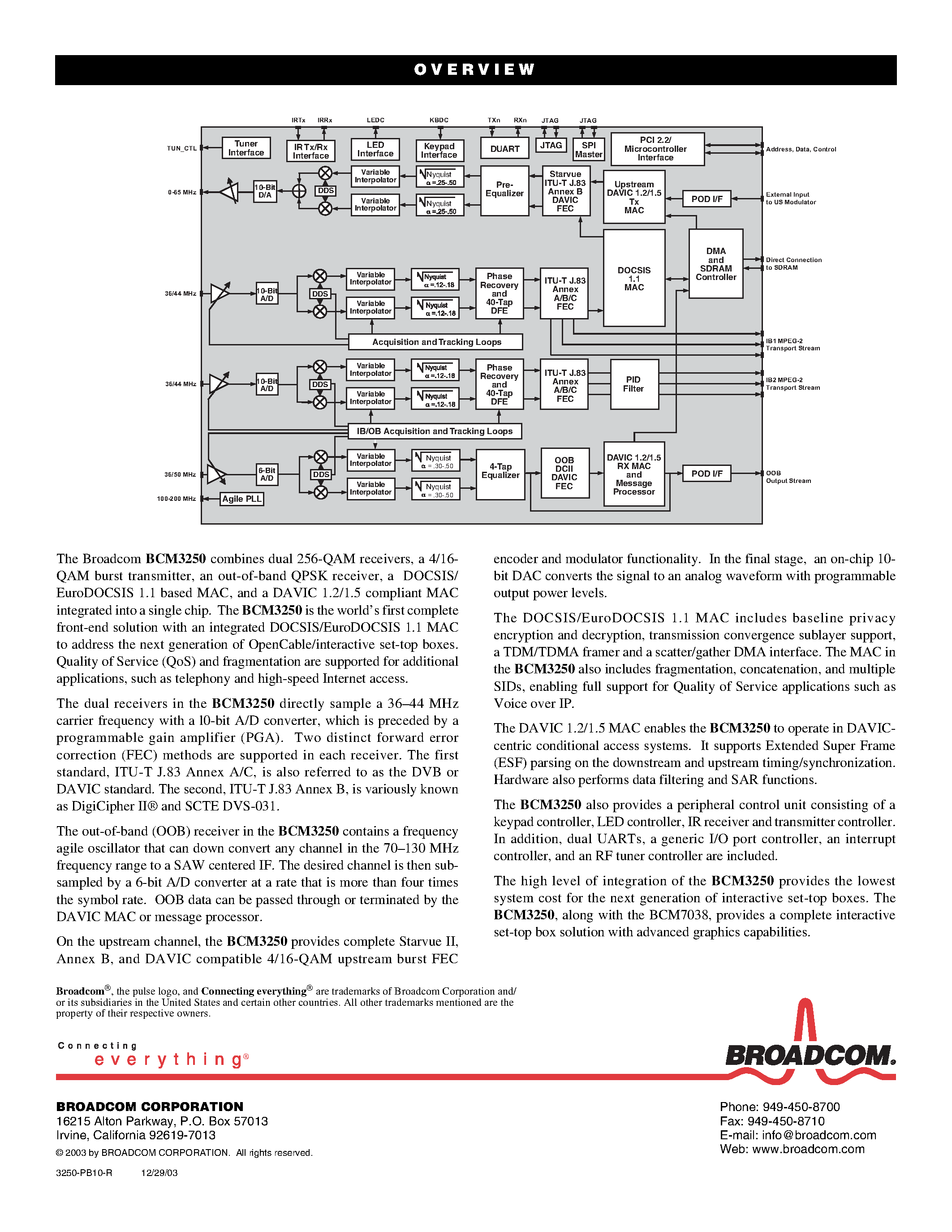Datasheet BCM3250 - QAMLINK ADVANCED SER-TOP BOX SINGLE-CHIP FRONT-END page 2