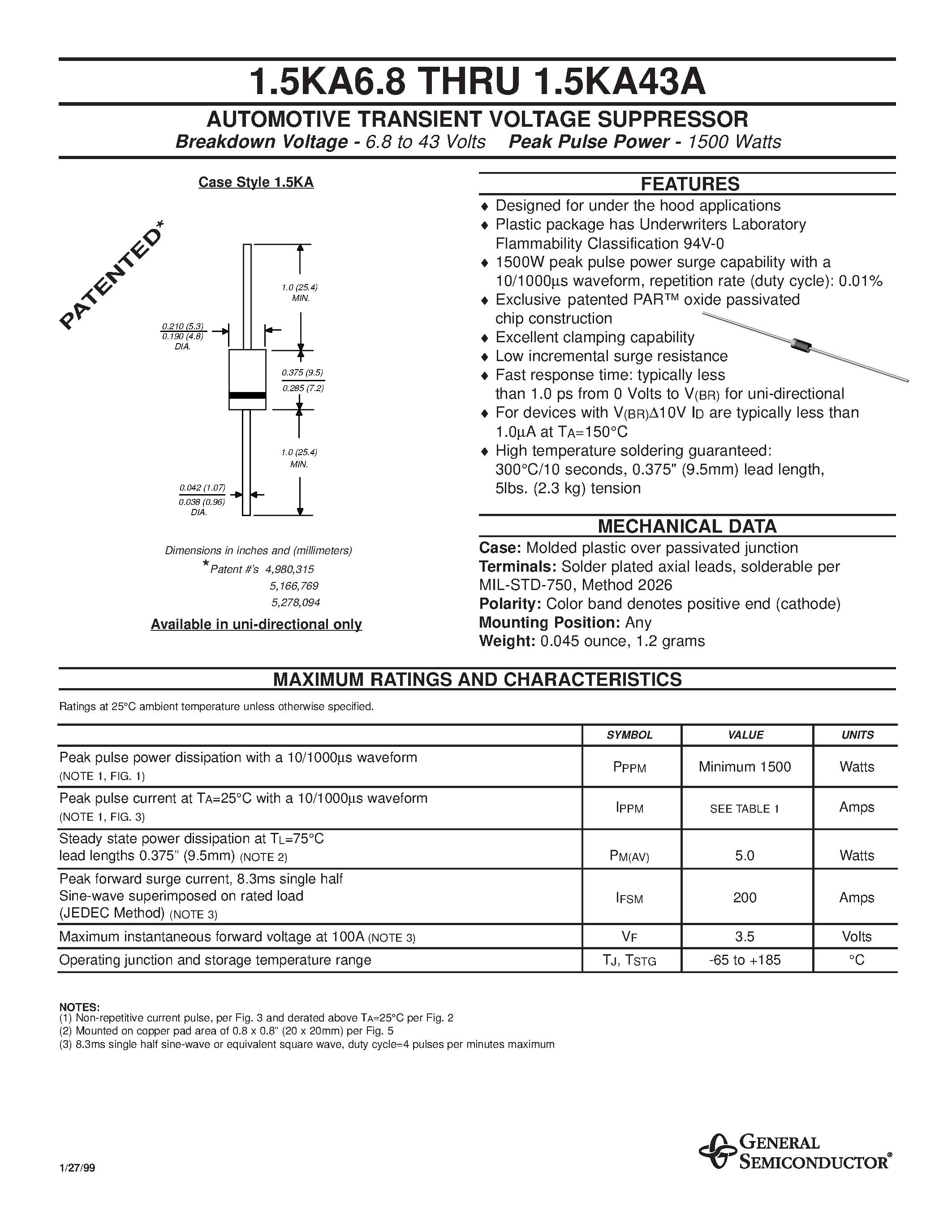 Datasheet 1.5KA36 - AUTOMOTIVE TRANSIENT VOLTAGE SUPPRESSOR page 1