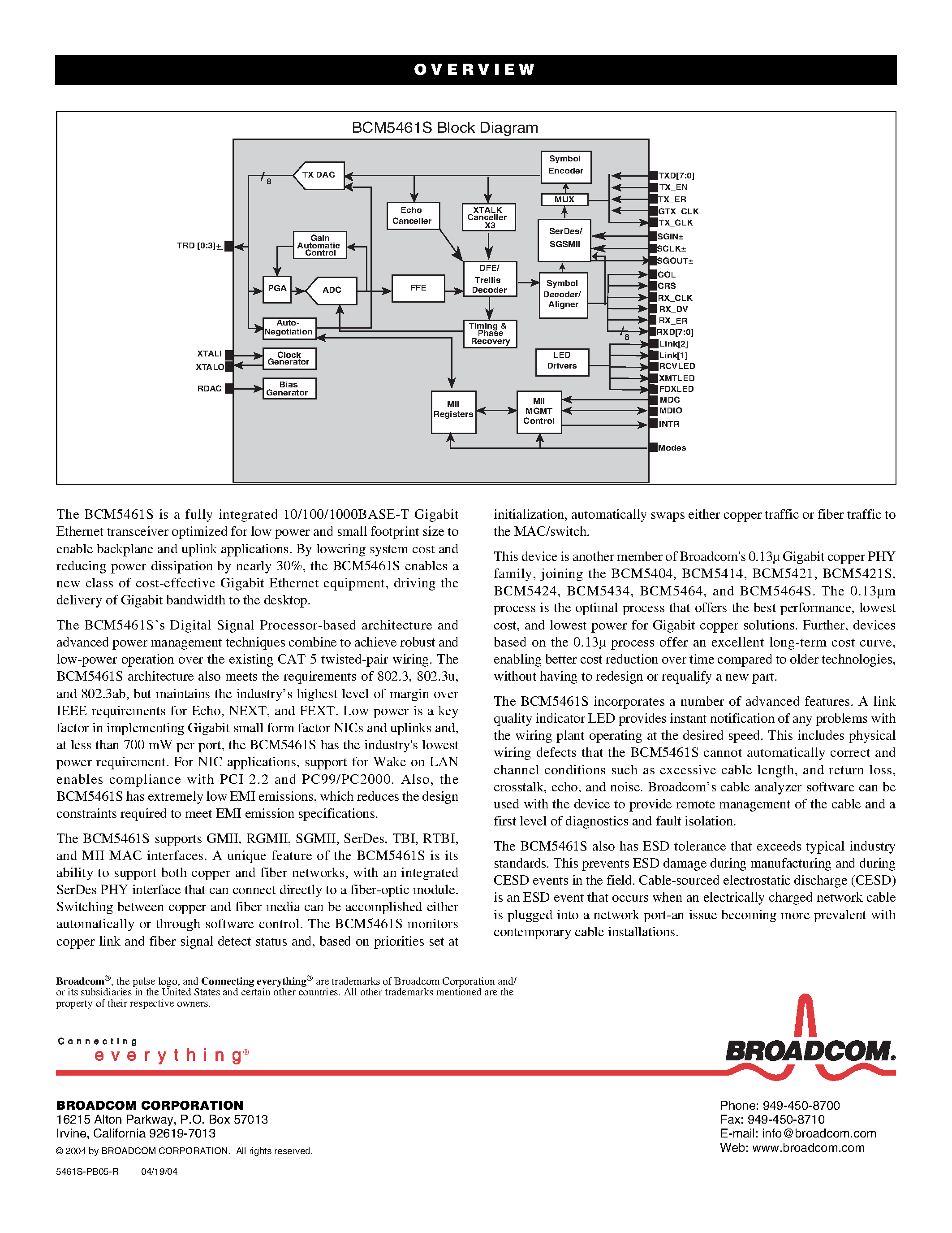 Datasheet BCM5461S - 10/100/1000 BASE T GIGABIT COPPER TRANSCEIVER page 2