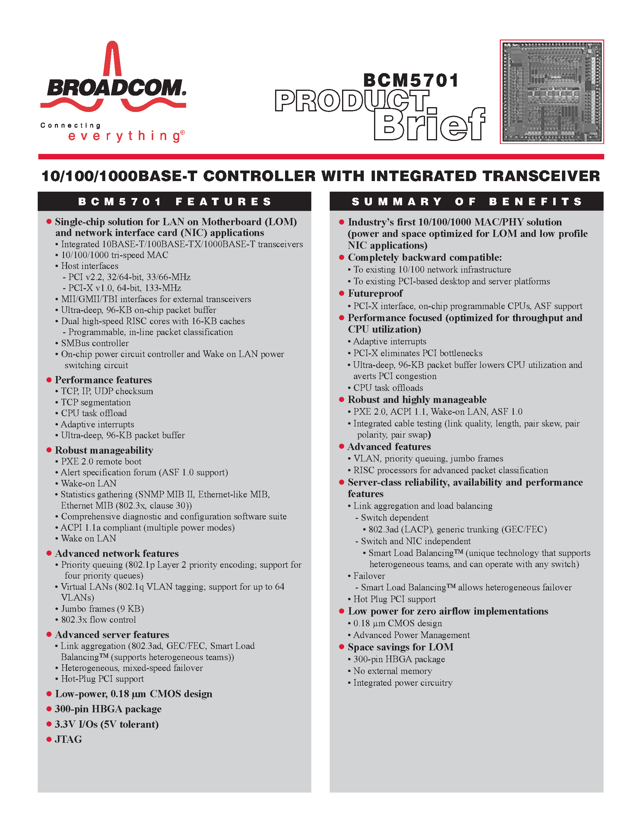 Datasheet BCM5701 - 10/100/1000BASE - T CONTROLLER WITH INTEGRATED TRANSCEIVER page 1