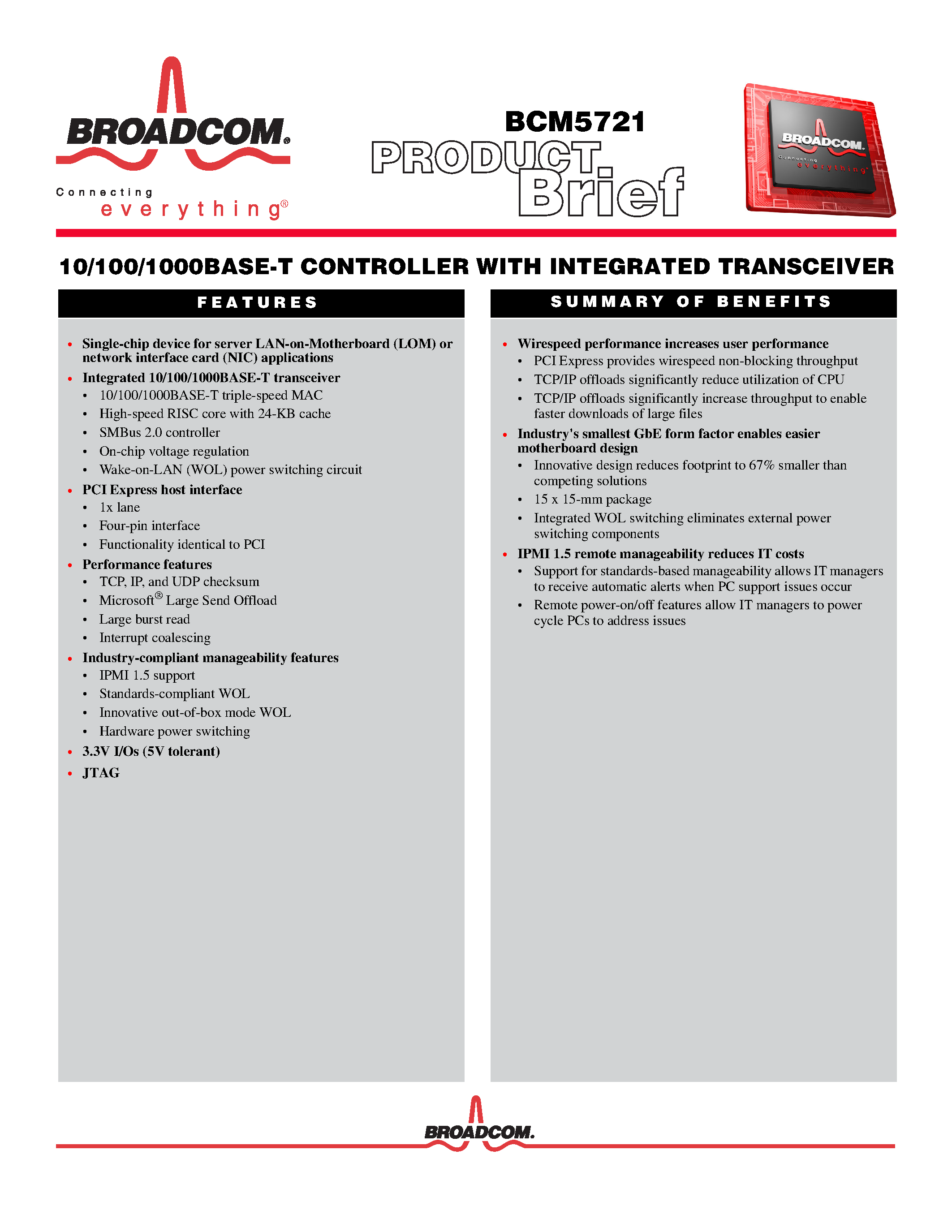 Datasheet BCM5721 - 10/100/1000 BASE-T CONTROLLER WITH INTEGRATED TRANSCEIVER page 1