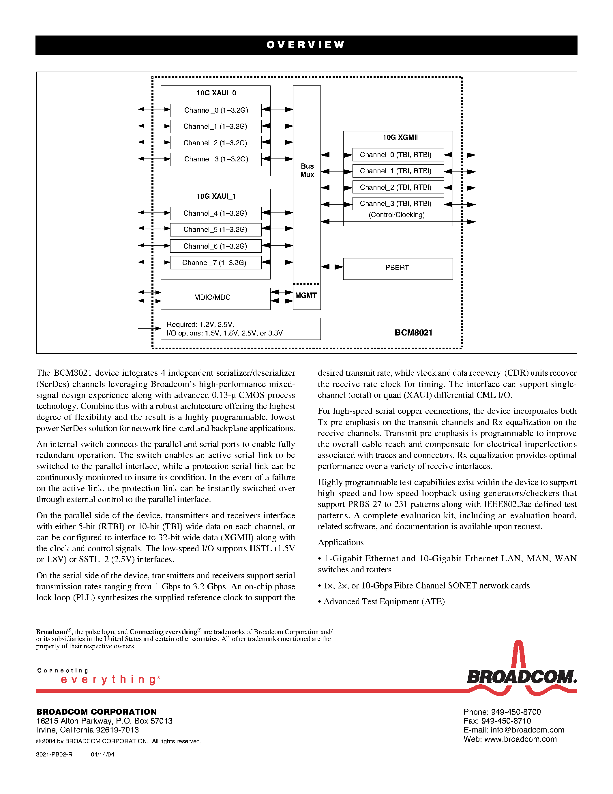 Datasheet BCM8021 - 4 CHANNEL MULTIRATE 1.0-3.2 GBPS TRANSCEIVER WITH HIGH SPEED REDUNDANCY page 2