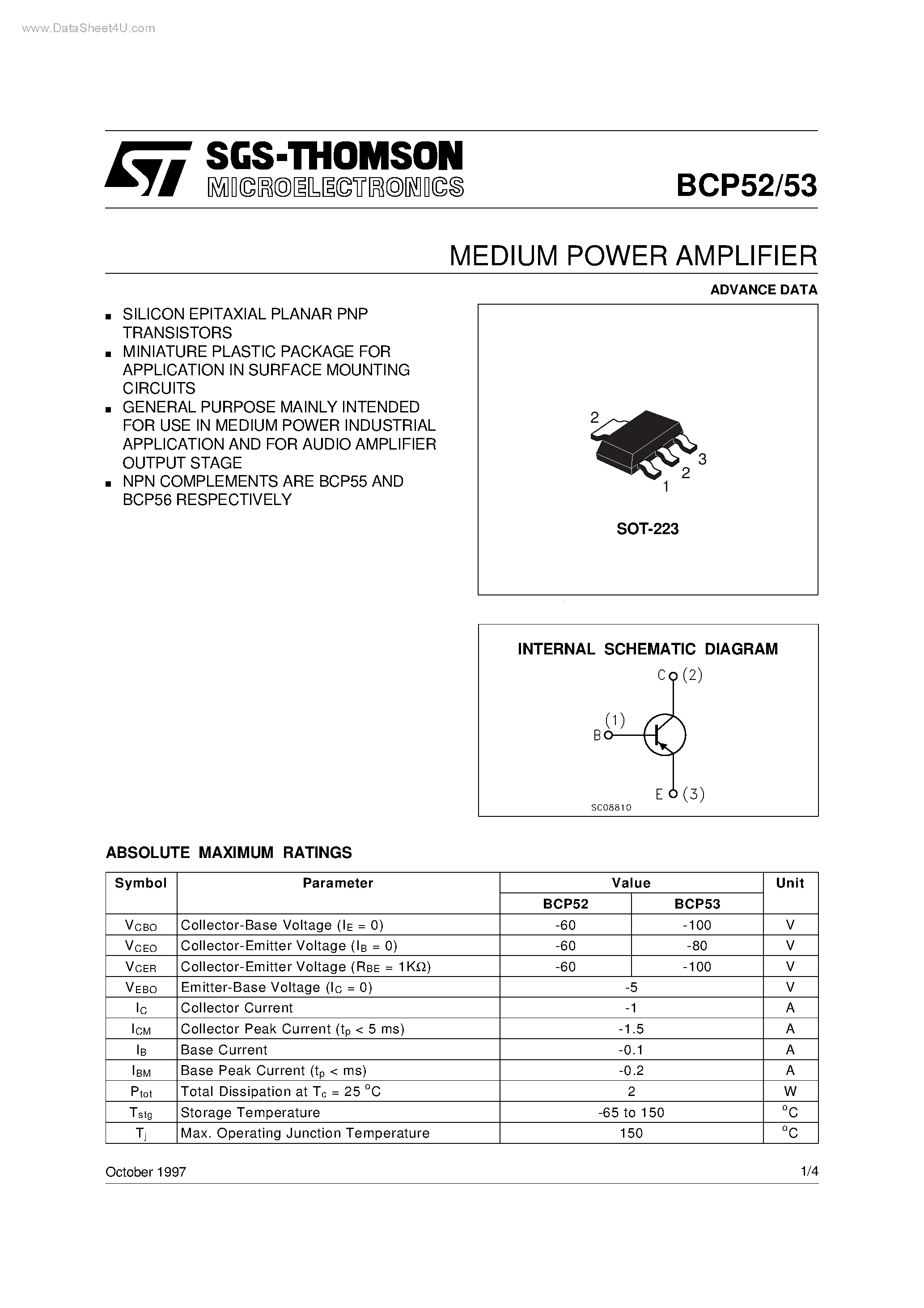 Даташит BCP52 - MEDIUM POWER AMPLIFIER страница 1