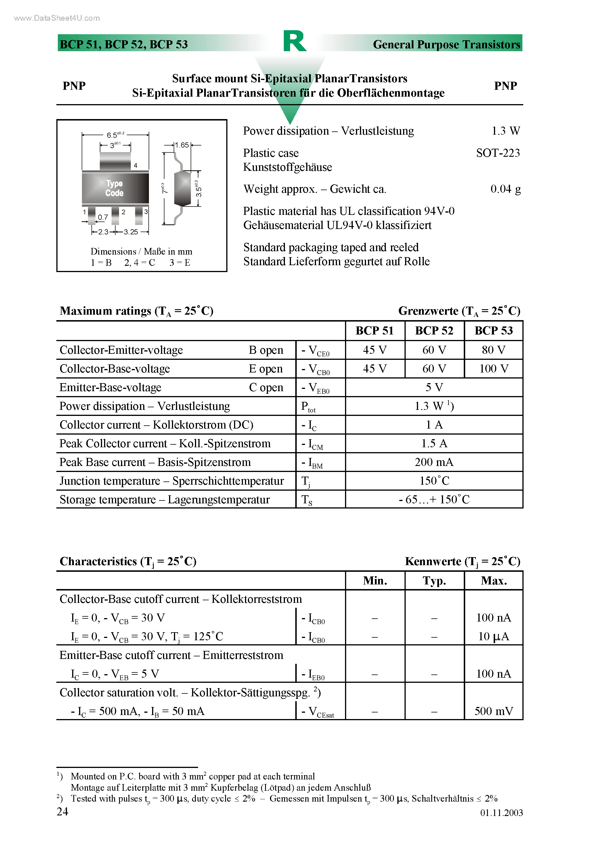 Даташит BCP52 - Surface mount Si-Epitaxial PlanarTransistors страница 1