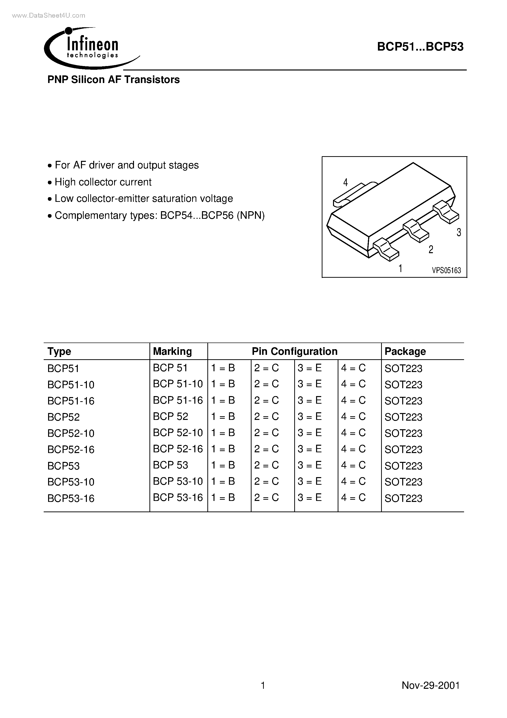 Datasheet BCP52-16 page 1 Datasheet BCP52-16 - PNP Silicon AF Transistors page 1