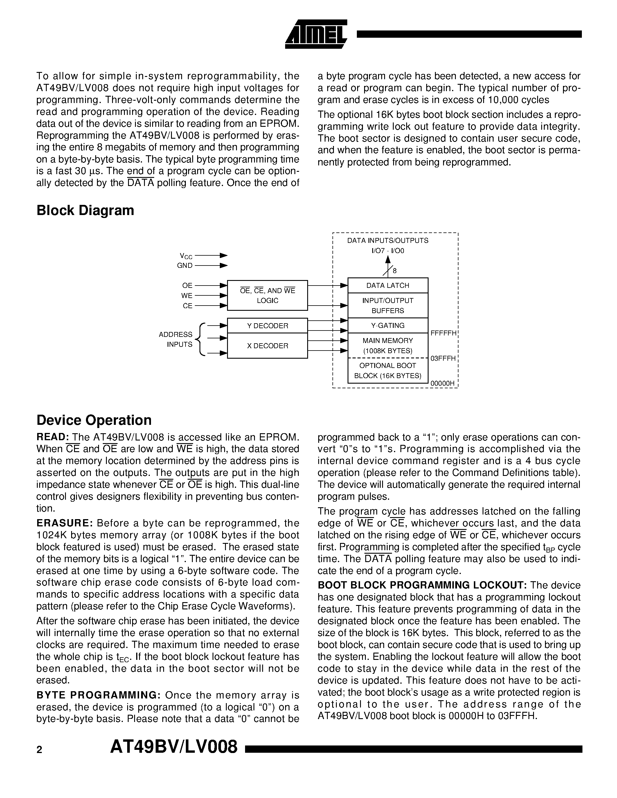 Datasheet AT49LV008-12TC - 8-Megabit 1M x 8 3-volt Only Flash Memory page 2