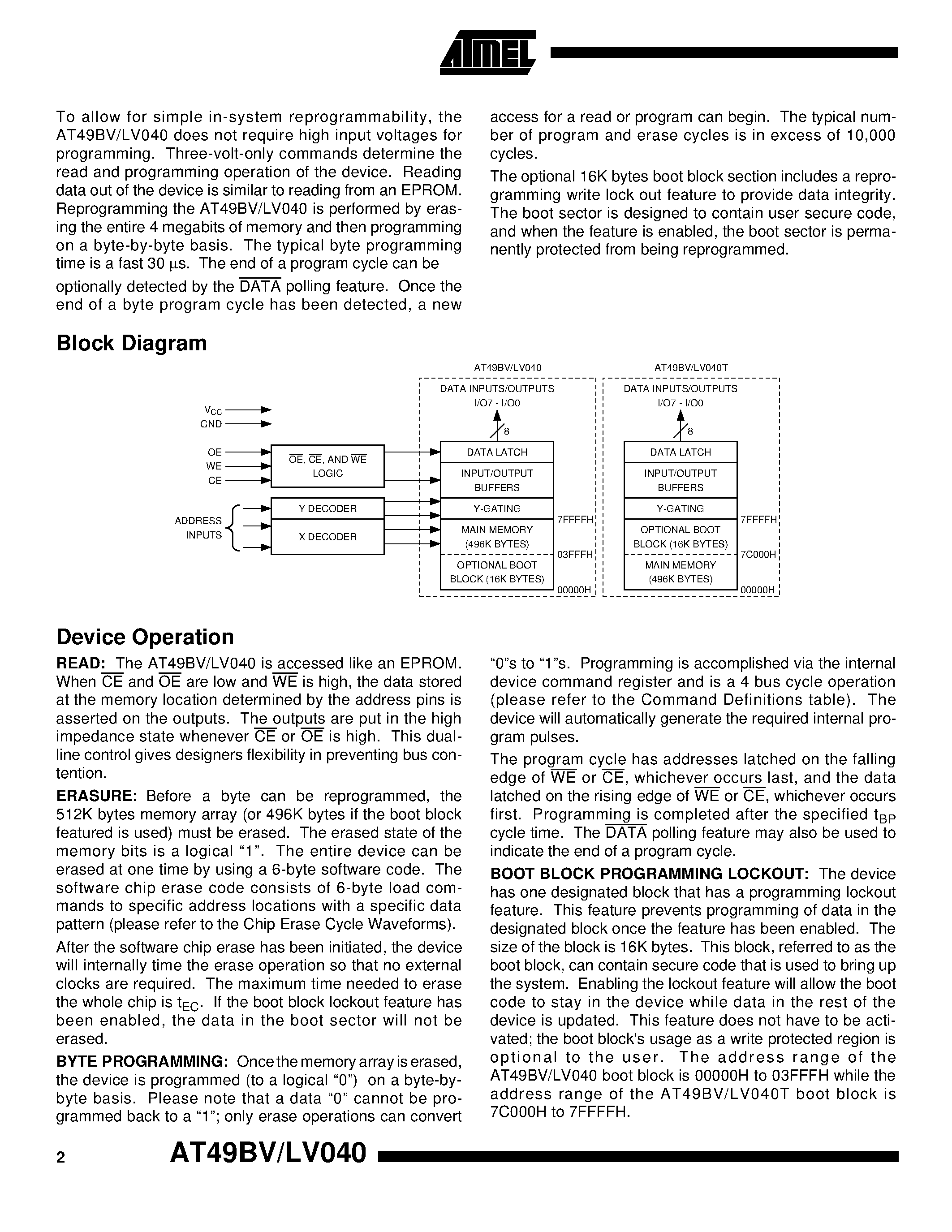 Datasheet AT49LV040T-20JI - 4-Megabit 512K x 8 Single 2.7-volt Battery-Voltage Flash Memory page 2