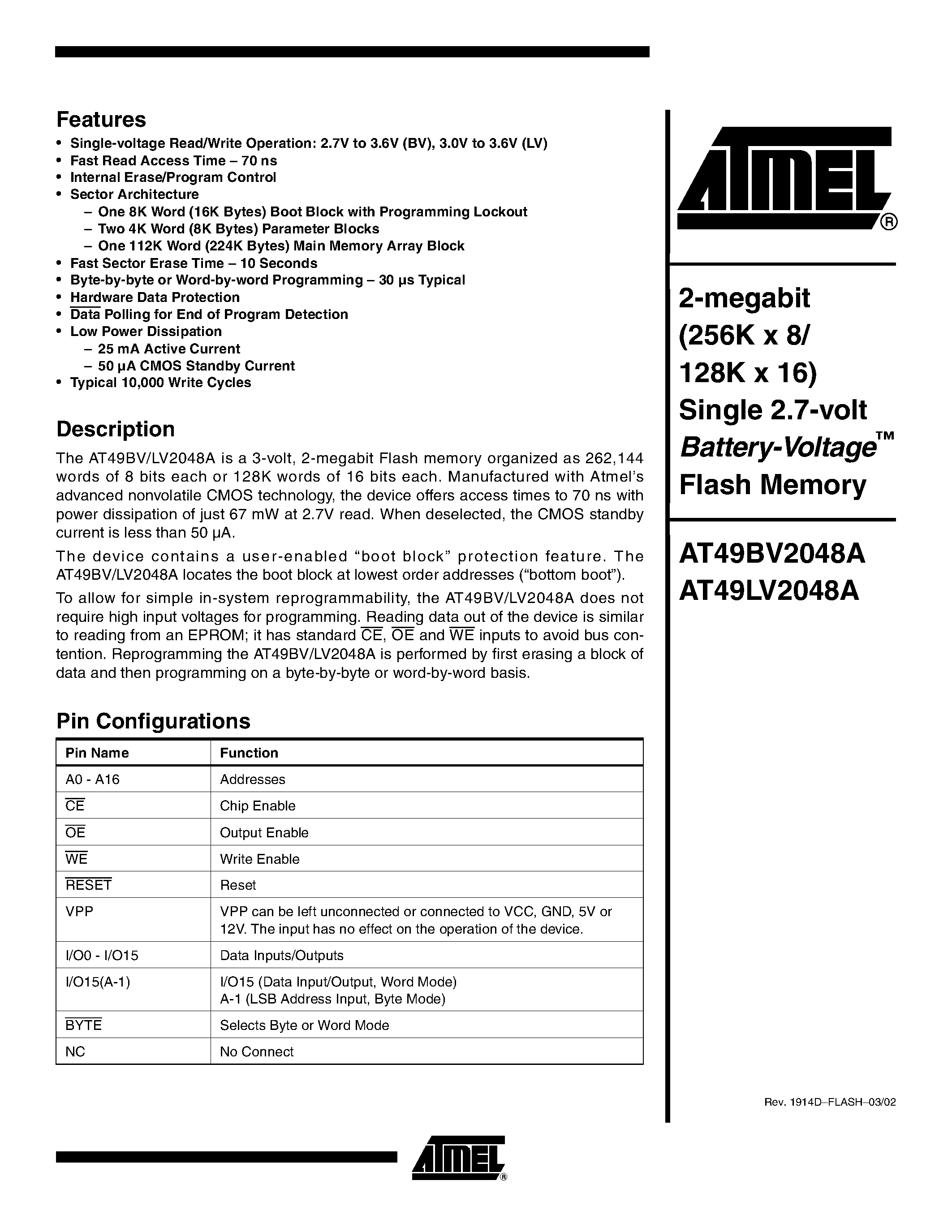 Datasheet AT49LV2048A - 2-megabit (256K x 8/128K x 16) Single 2.7-volt Battery-Voltage Flash Memory page 1
