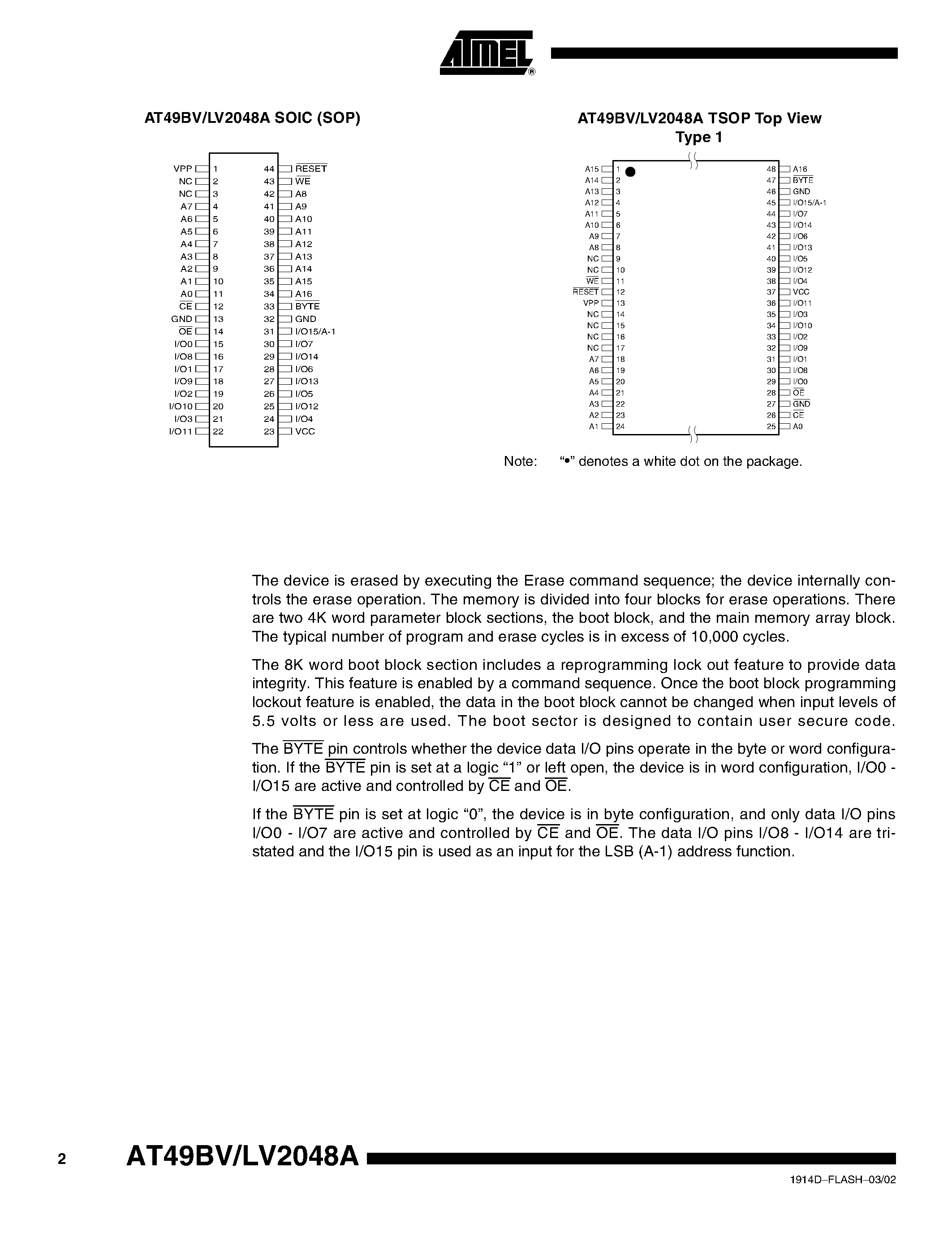Datasheet AT49LV2048A - 2-megabit (256K x 8/128K x 16) Single 2.7-volt Battery-Voltage Flash Memory page 2