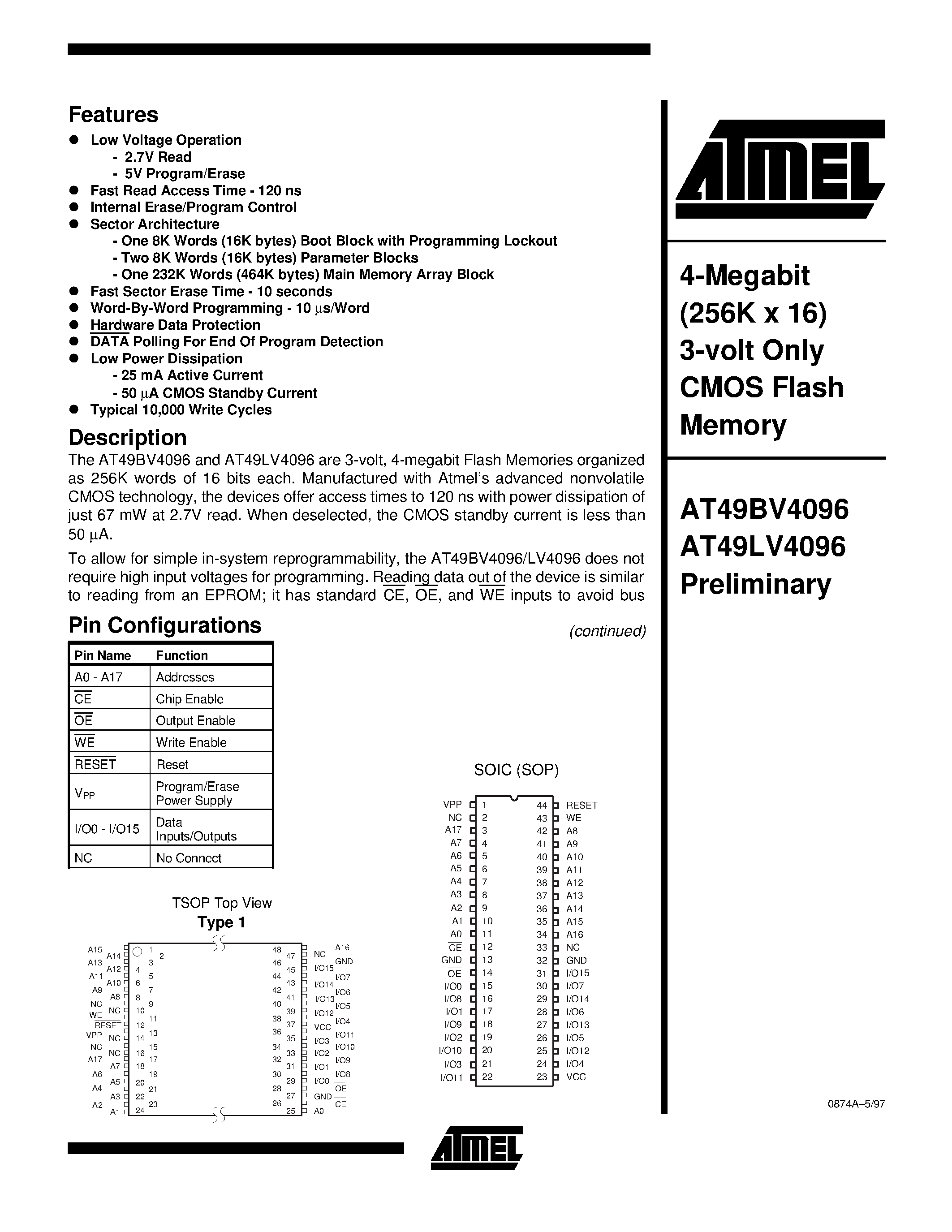 Datasheet AT49LV4096-12RC - 4-Megabit 256K x 16 3-volt Only CMOS Flash Memory page 1
