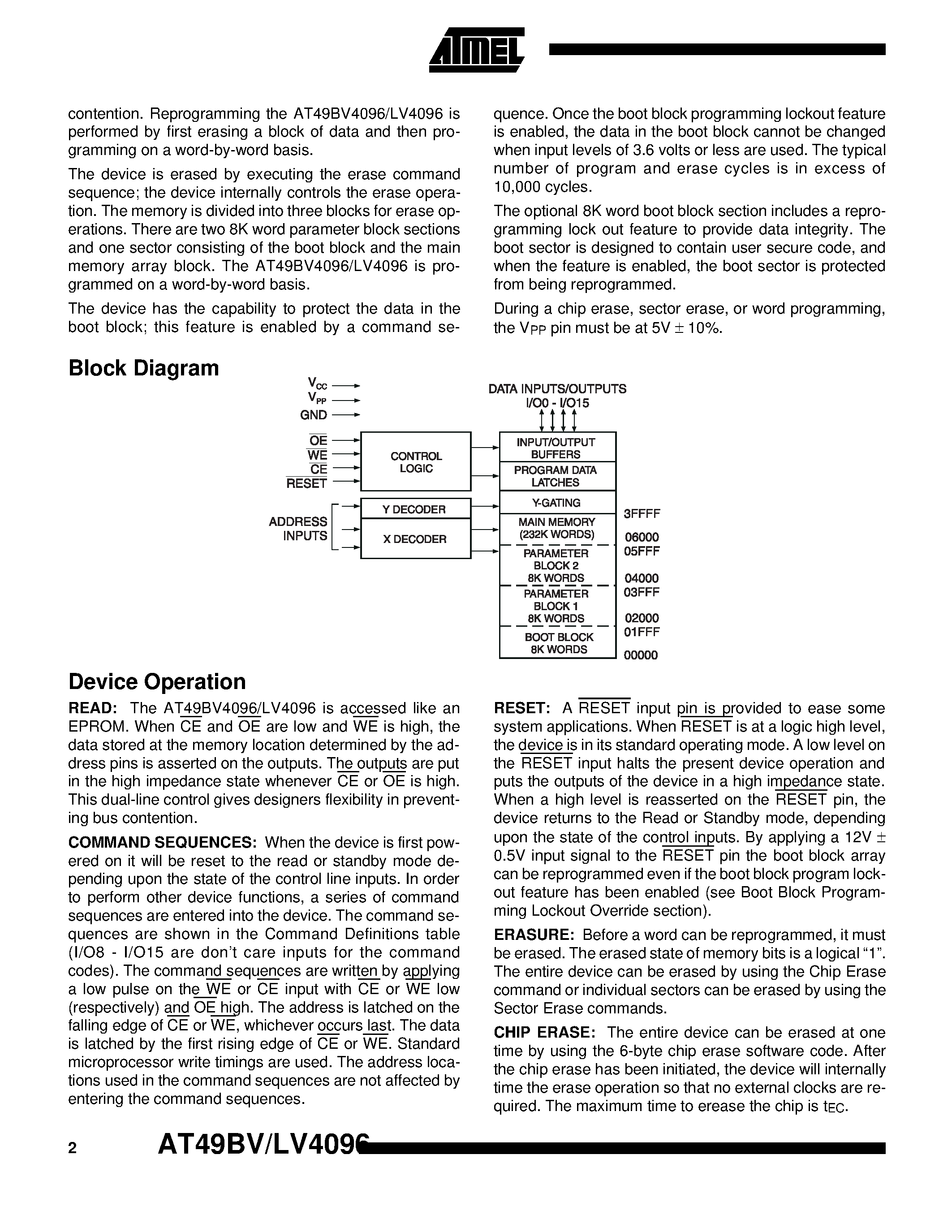 Datasheet AT49LV4096-12TC - 4-Megabit 256K x 16 3-volt Only CMOS Flash Memory page 2
