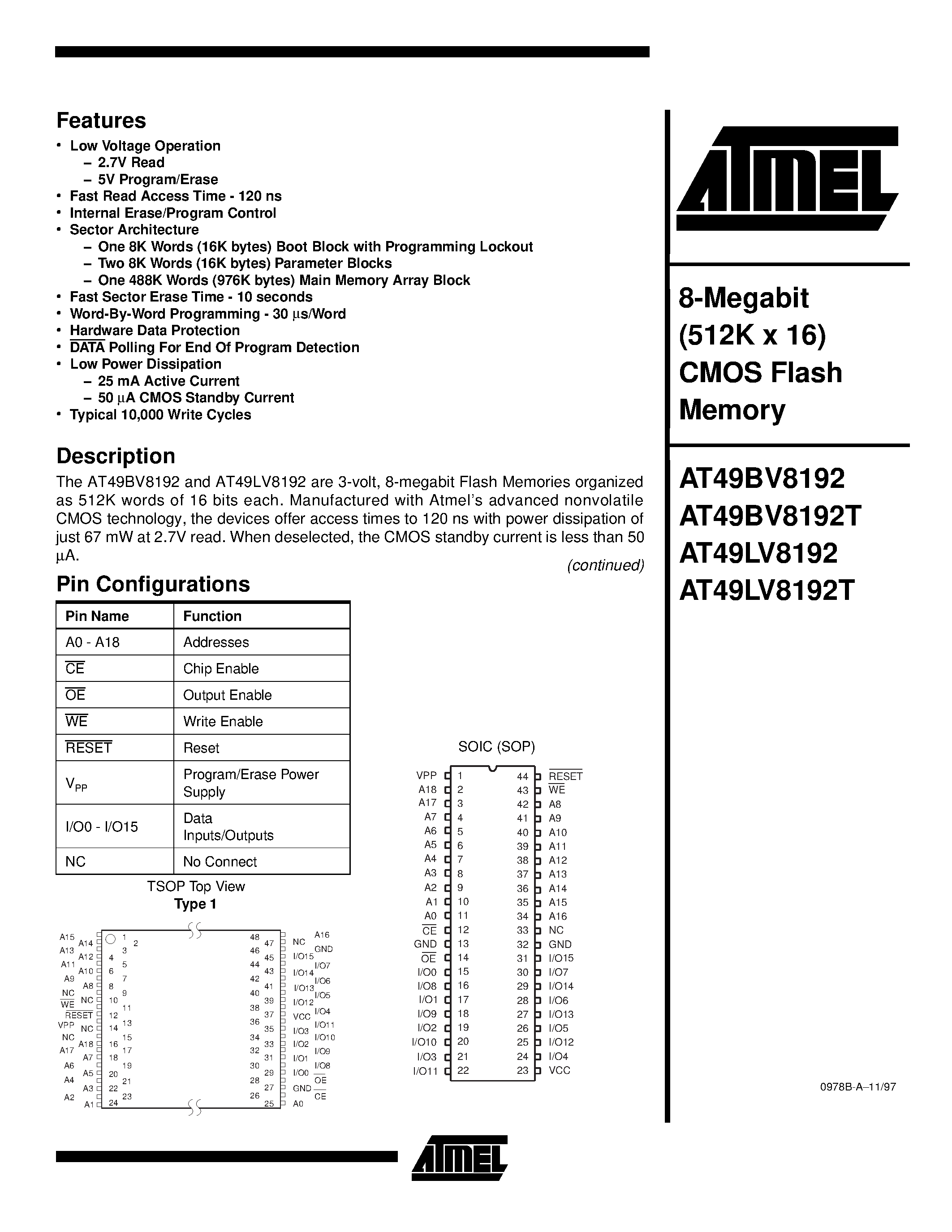 Даташит AT49LV8192-12TI - 8-Megabit 512K x 16 CMOS Flash Memory страница 1