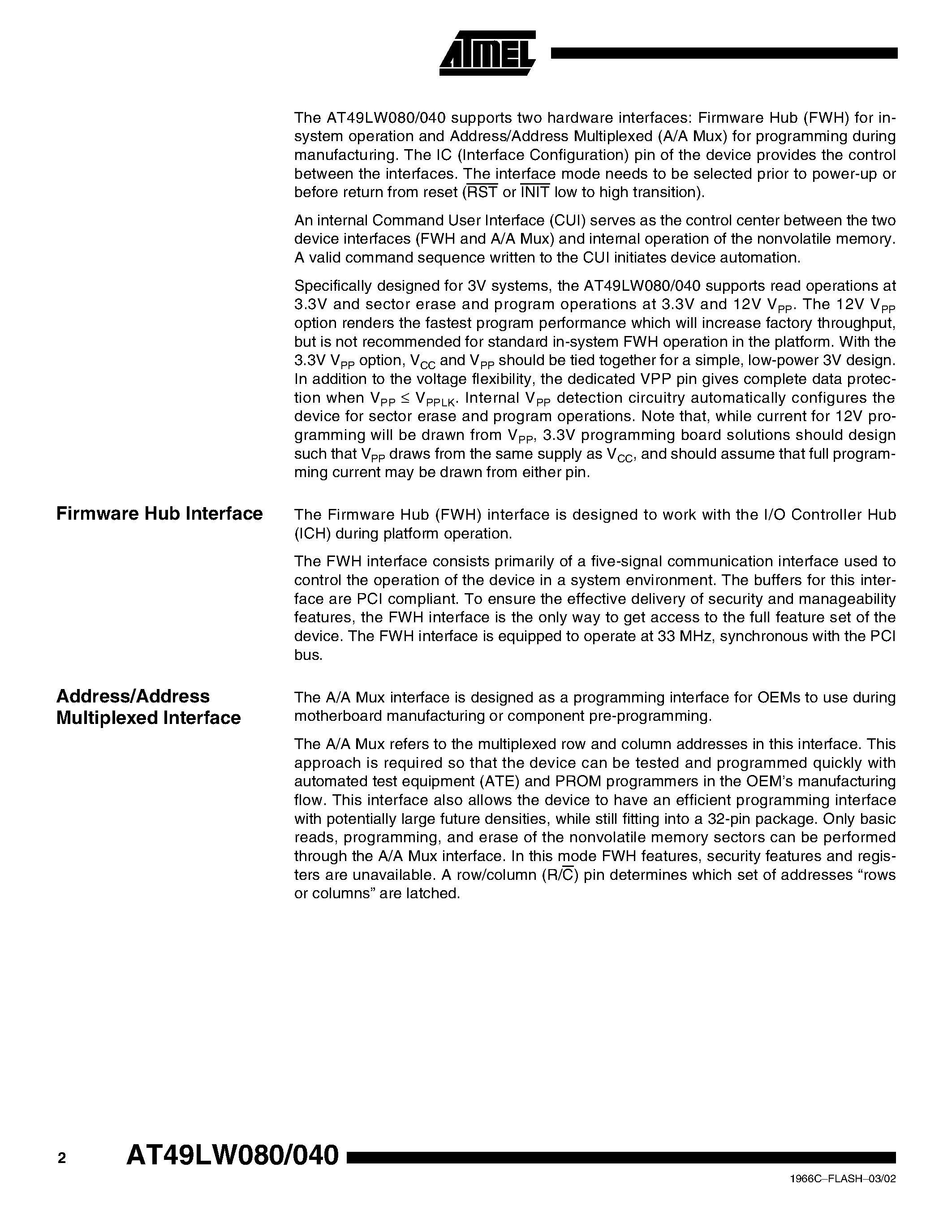 Datasheet AT49LW080-33JC - 8-megabit and 4-megabit Firmware Hub Flash Memory page 2