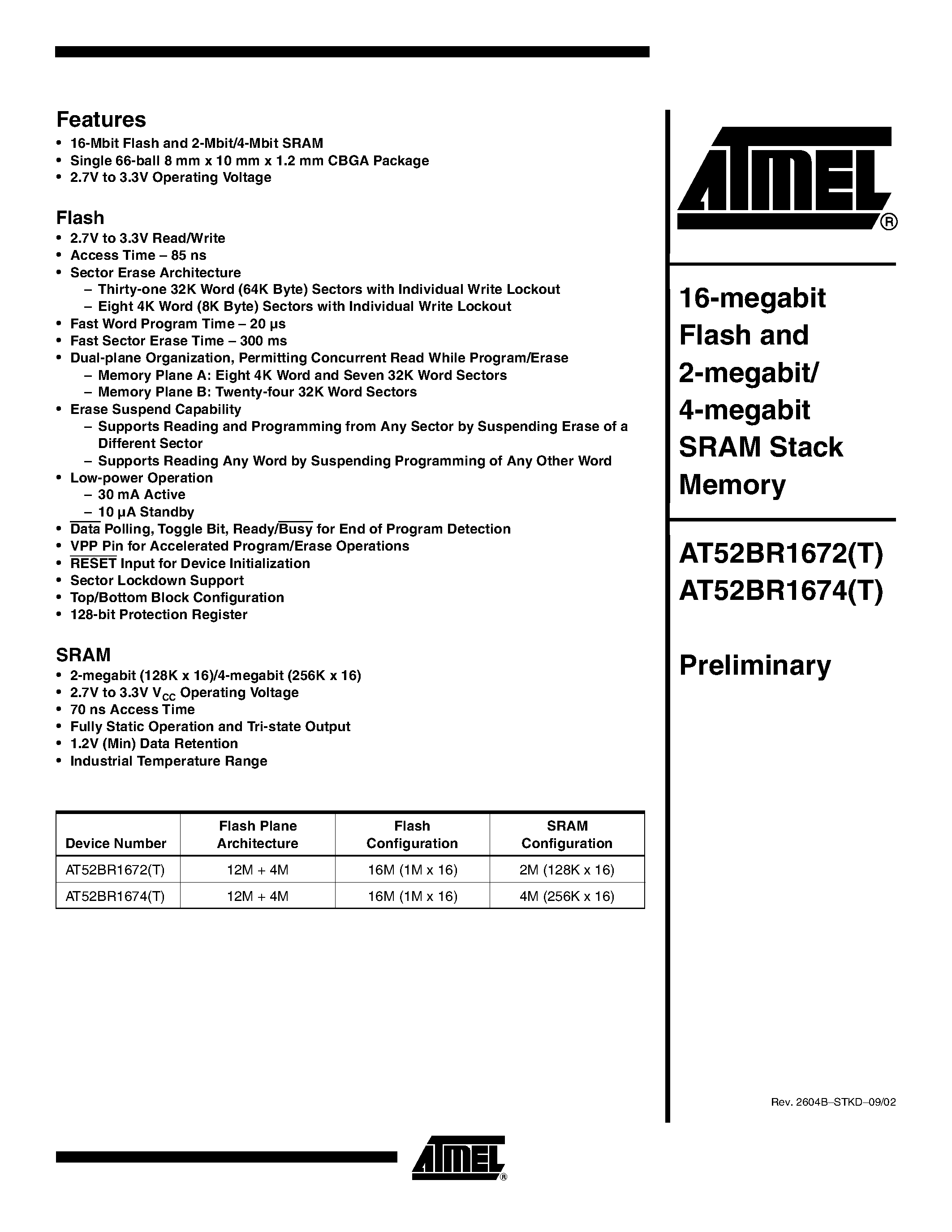 Datasheet AT52BR1674-85CI - 16-megabit Flash and 2-megabit/ 4-megabit SRAM Stack Memory page 1