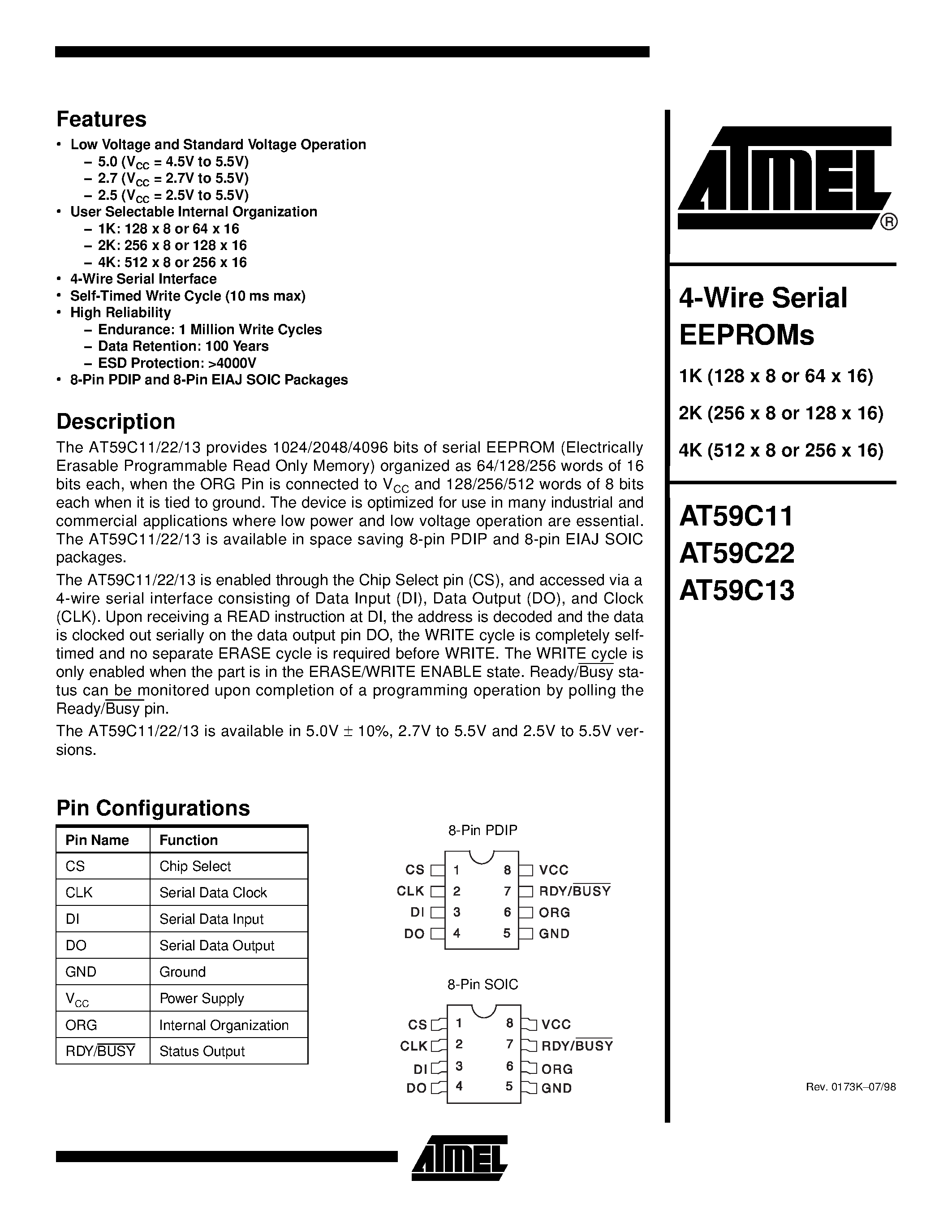 Datasheet AT59C22-10PC - 4-Wire Serial EEPROMs page 1