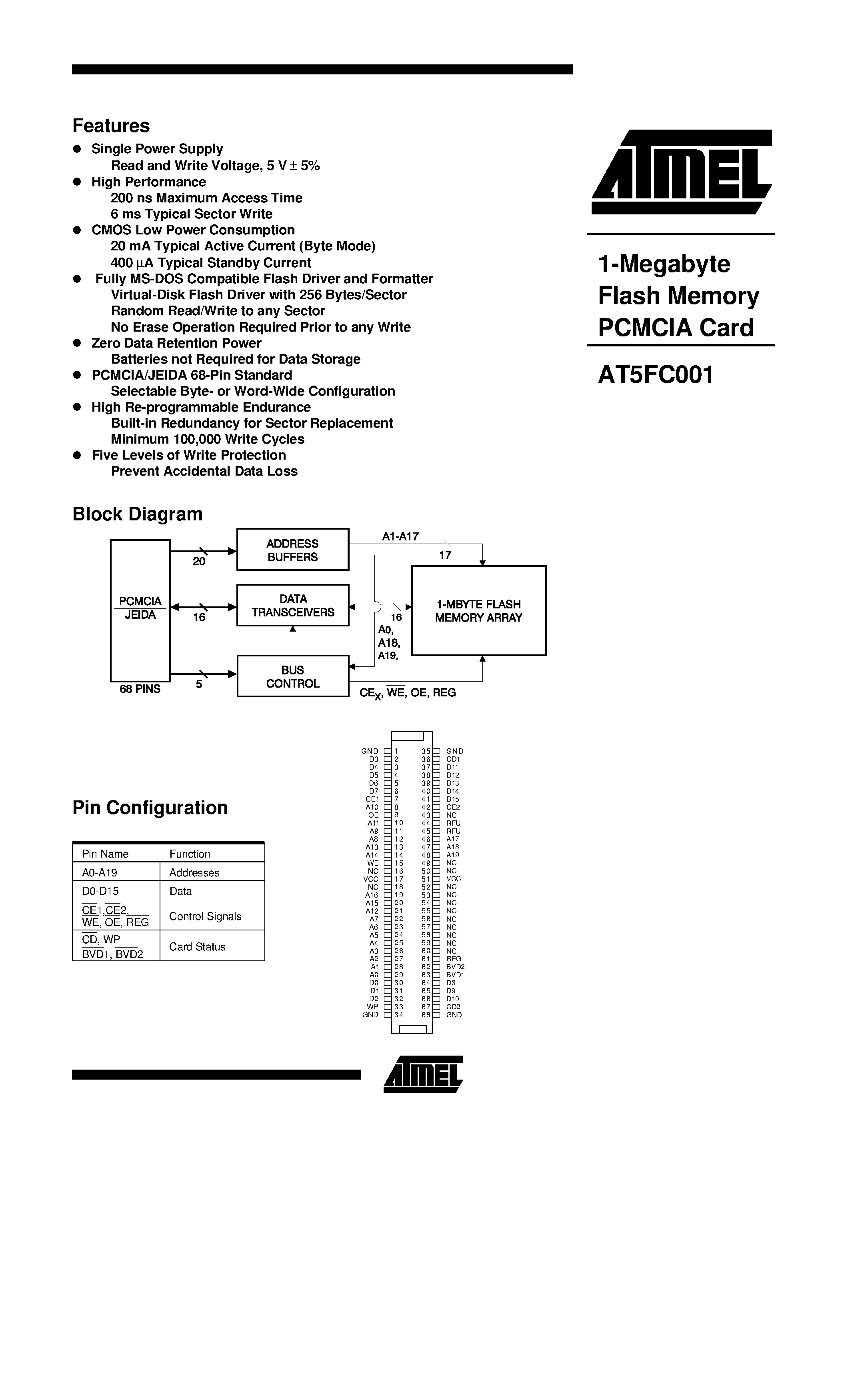 Даташит на микросхему AT5FC001-20 страница 1 Даташит AT5FC001-20 - 1-Megabyte Flash Memory PCMCIA Card страница 1