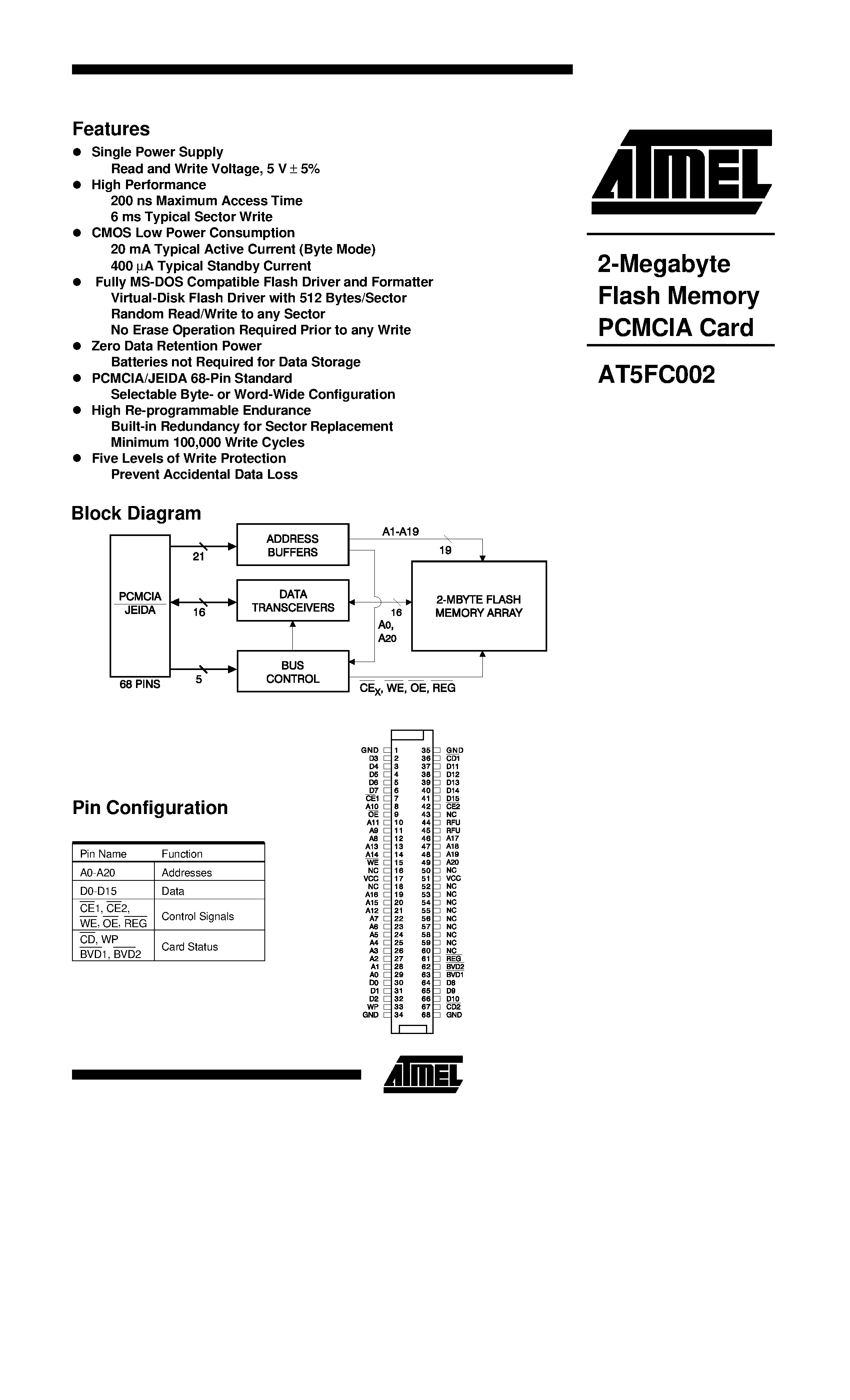 Даташит AT5FC002 - 2-Megabyte Flash Memory PCMCIA Card страница 1