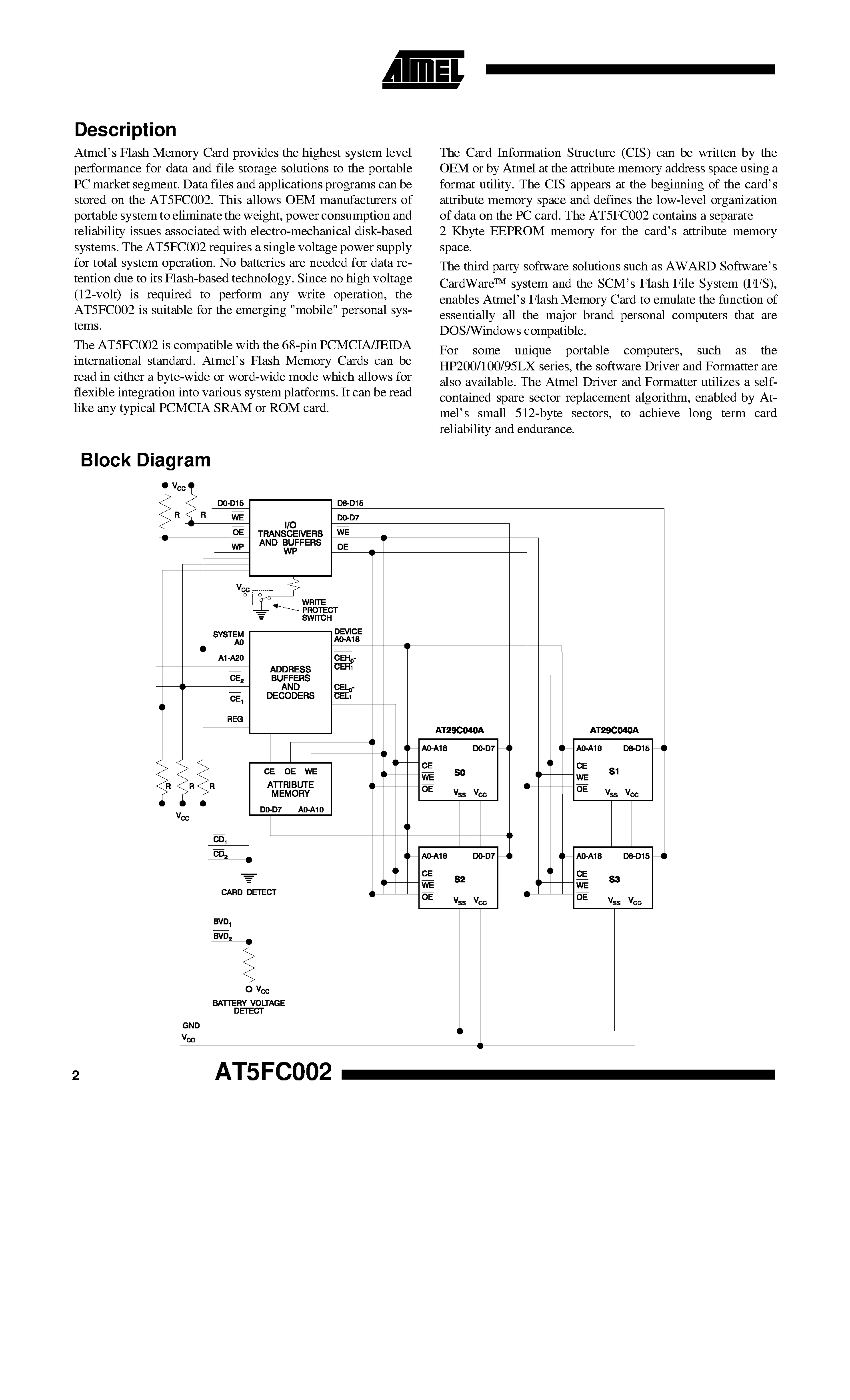 Даташит AT5FC002 - 2-Megabyte Flash Memory PCMCIA Card страница 2
