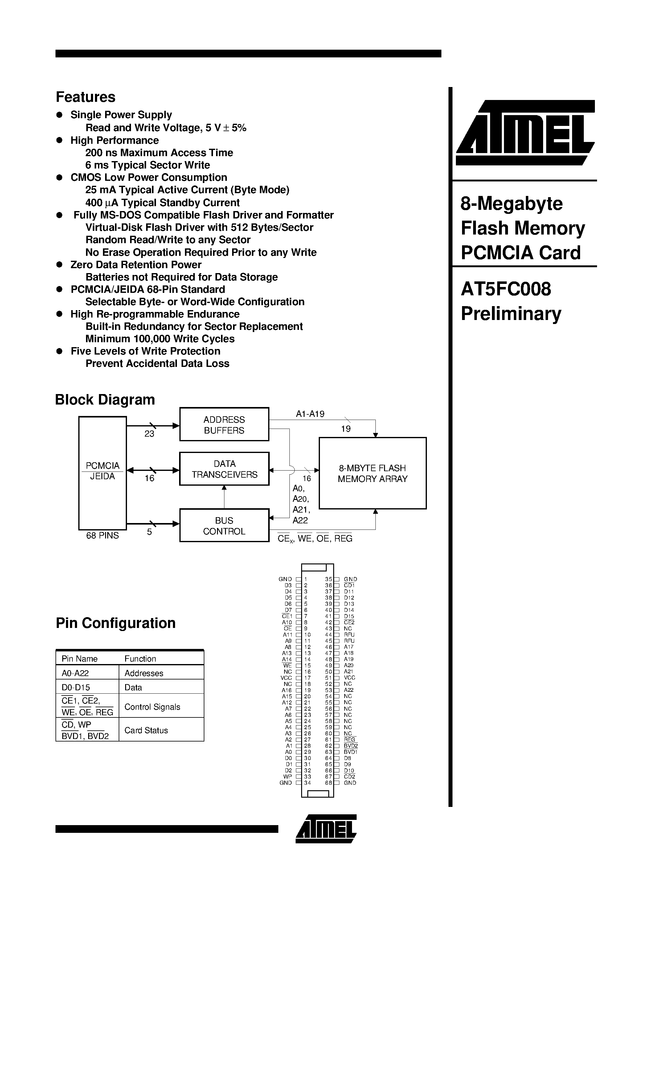 Даташит AT5FC008 - 8-Megabyte Flash Memory PCMCIA Card страница 1
