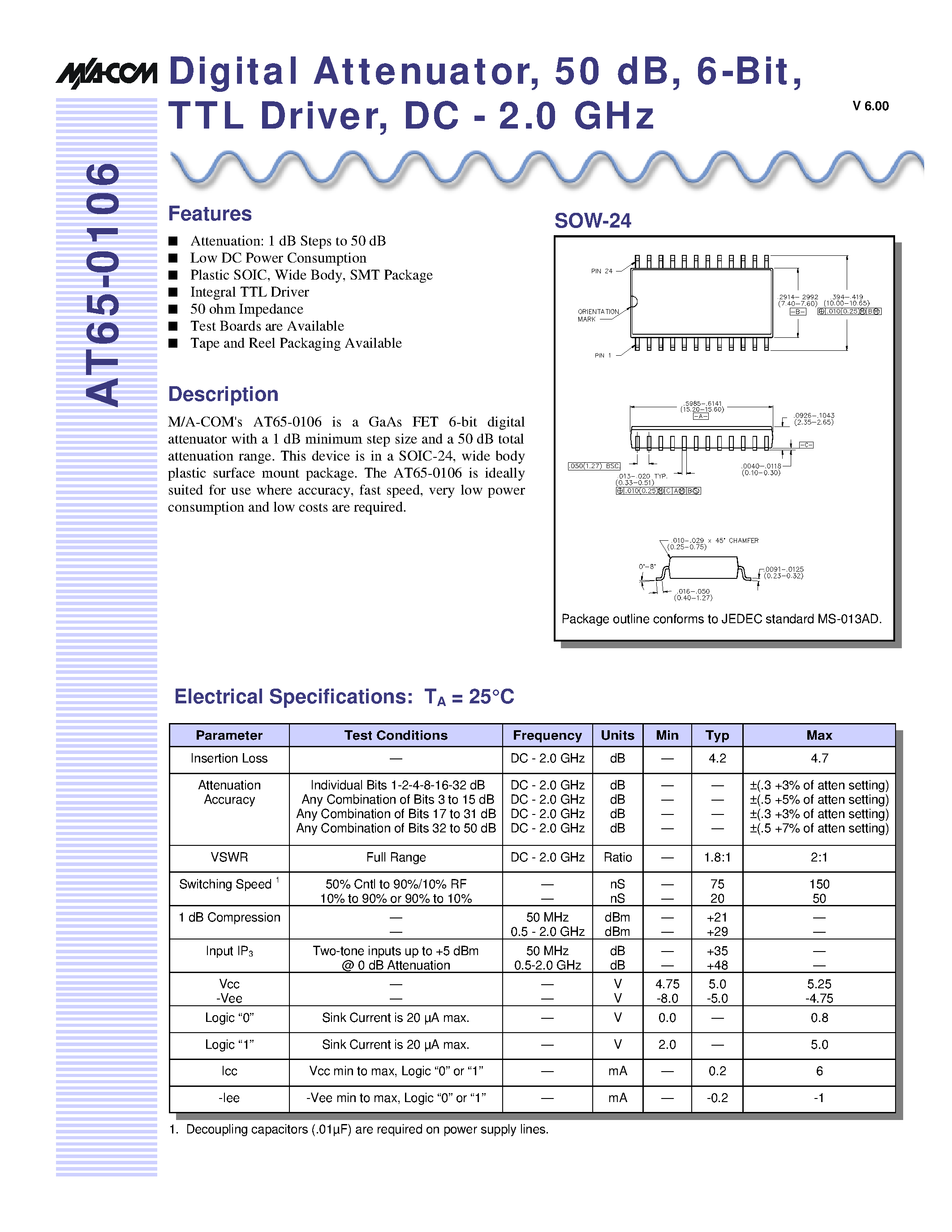 Datasheet AT65-0106TR - Digital Attenuator/ 50 dB/ 6-Bit/ TTL Driver/ DC - 2.0 GHz page 1