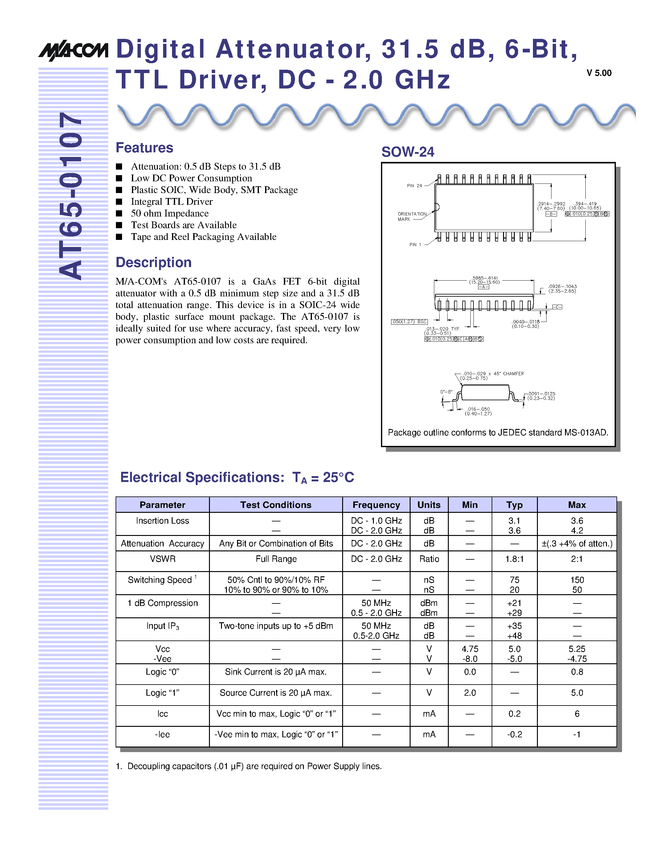Datasheet AT65-0107 - Digital Attenuator/ 31.5 dB/ 6-Bit/ TTL Driver/ DC - 2.0 GHz page 1