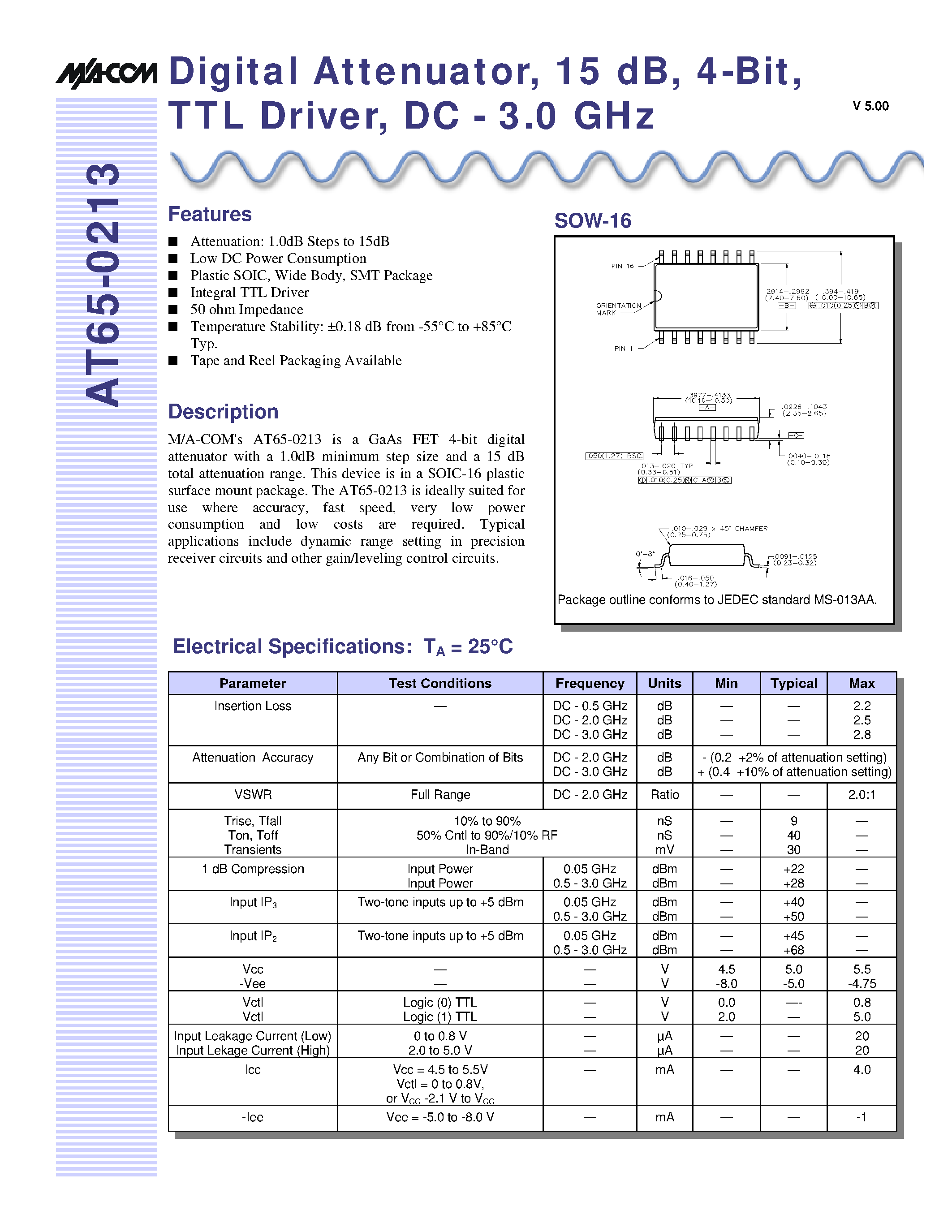 Datasheet AT65-0213-TB - Digital Attenuator/ 15 dB/ 4-Bit/ TTL Driver/ DC - 3.0 GHz page 1