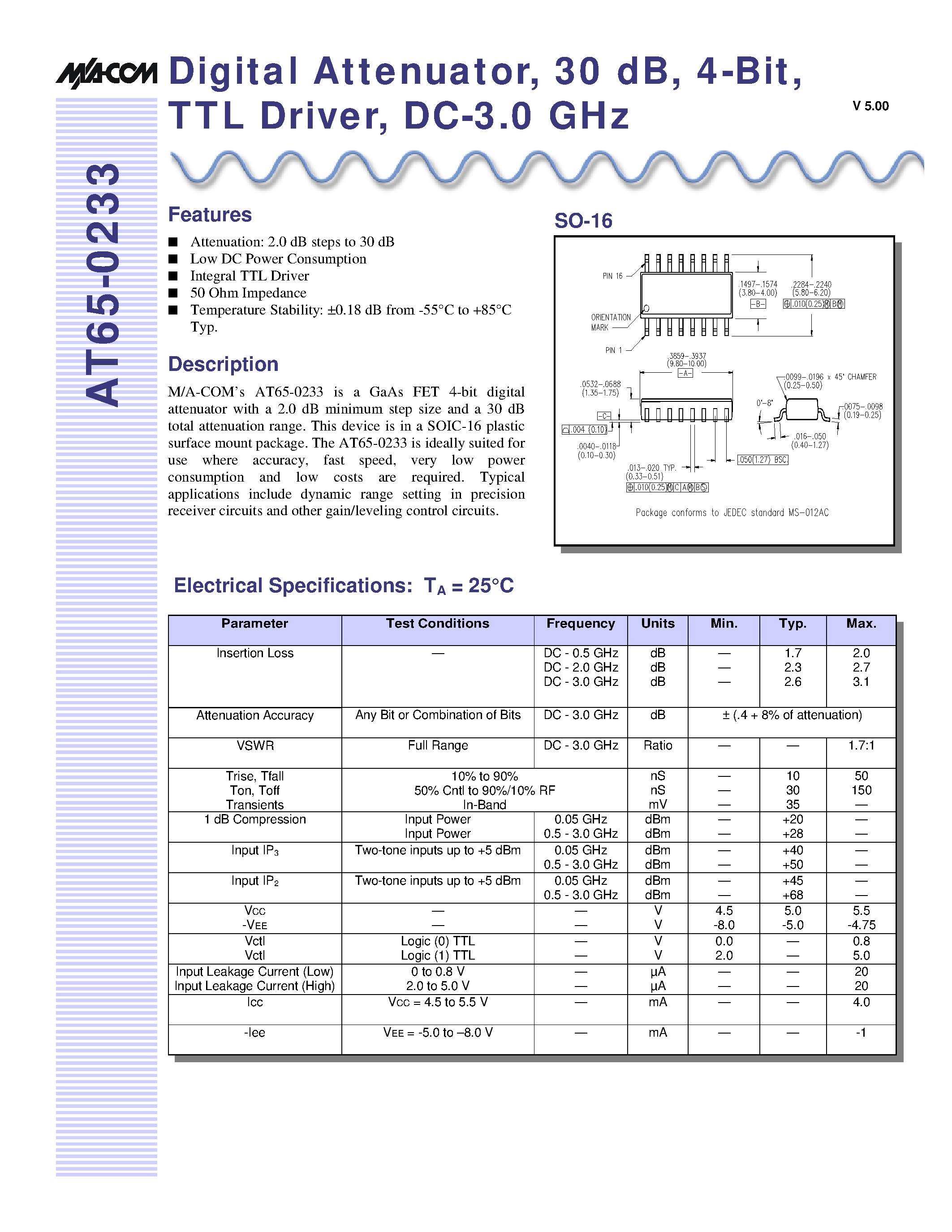 Datasheet AT65-0233 - Digital Attenuator/ 30 dB/ 4-Bit/ TTL Driver/ DC-3.0 GHz page 1