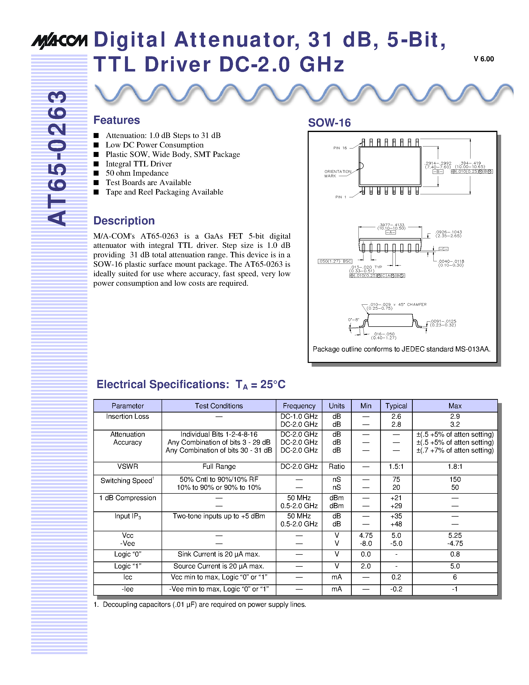 Datasheet AT65-0263TR - Digital Attenuator/ 31 dB/ 5-Bit/ TTL Driver DC-2.0 GHz page 1