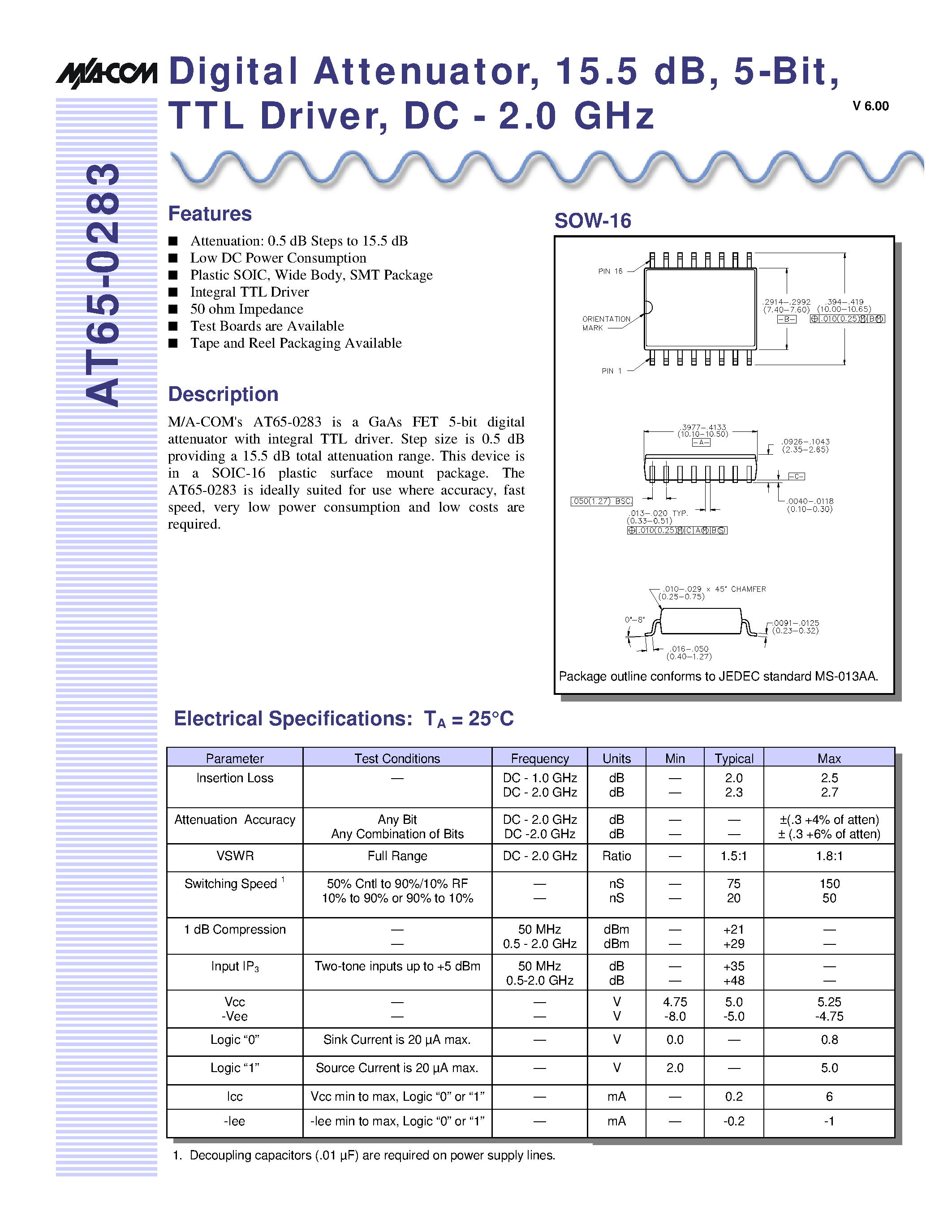 Datasheet AT65-0283-TB page 1 Datasheet AT65-0283-TB - Digital Attenuator/ 15.5 dB/ 5-Bit/ TTL Driver/ DC - 2.0 GHz page 1