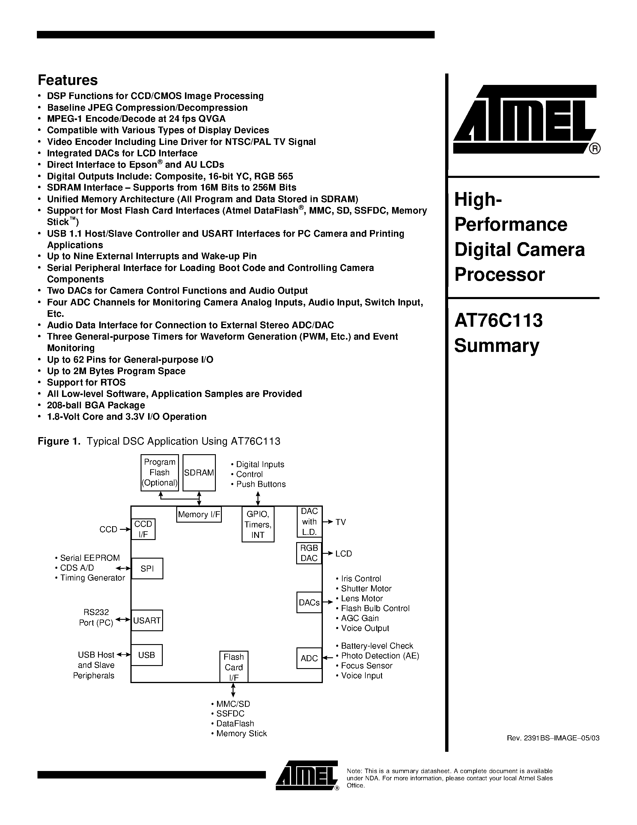 Datasheet AT76C113-S page 1 Datasheet AT76C113-S - High- Performance Digital Camera Processor page 1