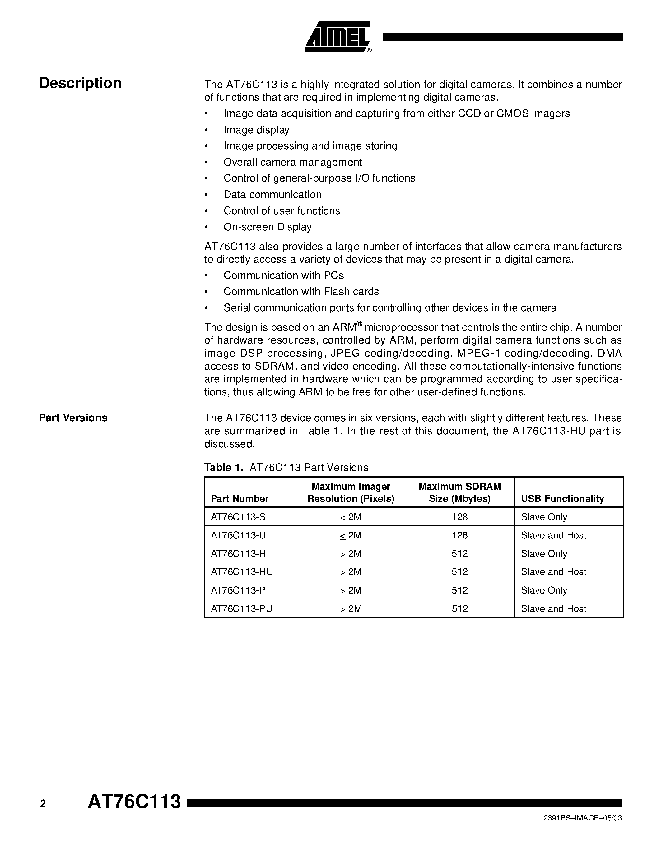 Datasheet AT76C113-S page 2 Datasheet AT76C113-S - High- Performance Digital Camera Processor page 2