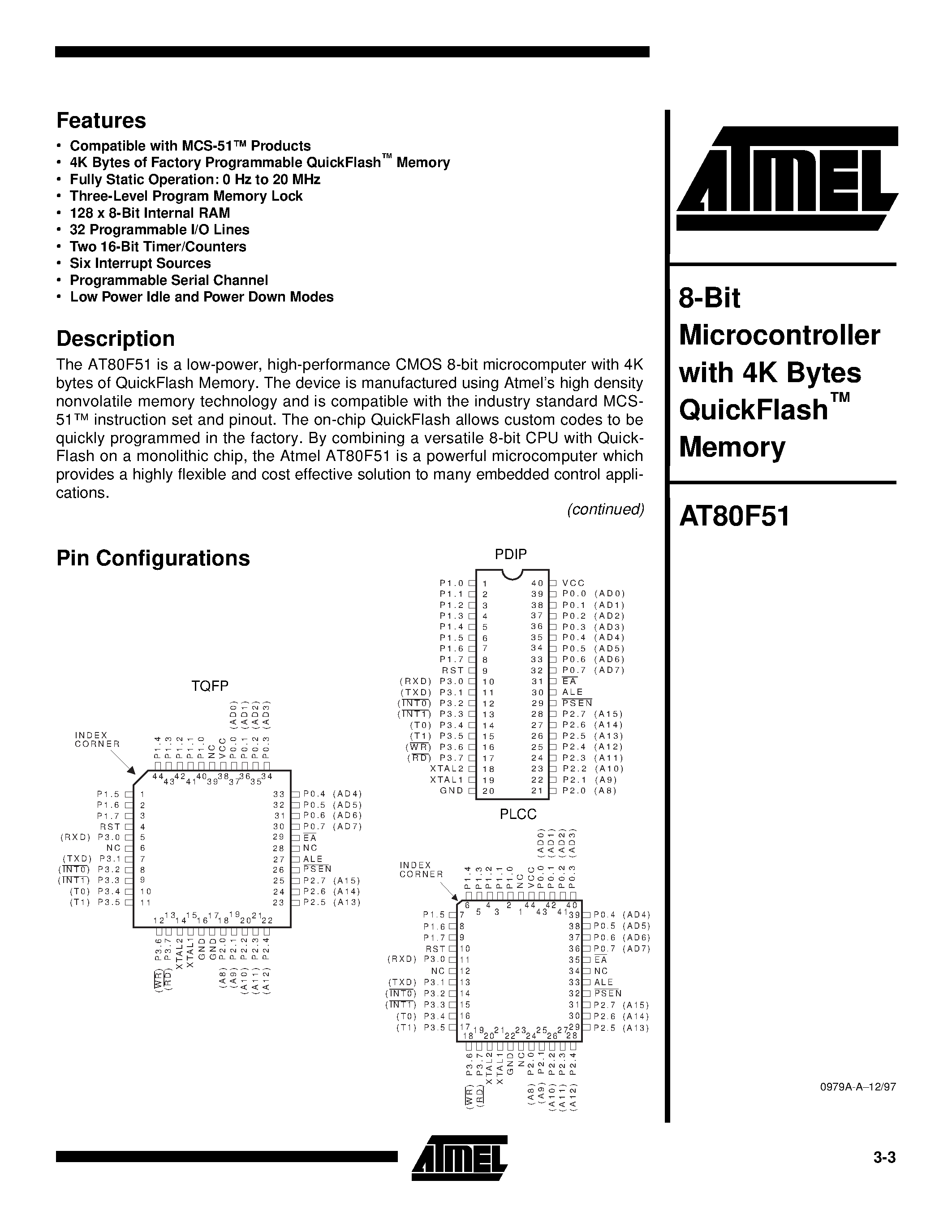 Datasheet AT80F51-20PI - 8-Bit Microcontroller with 4K Bytes QuickFlash Memory page 1